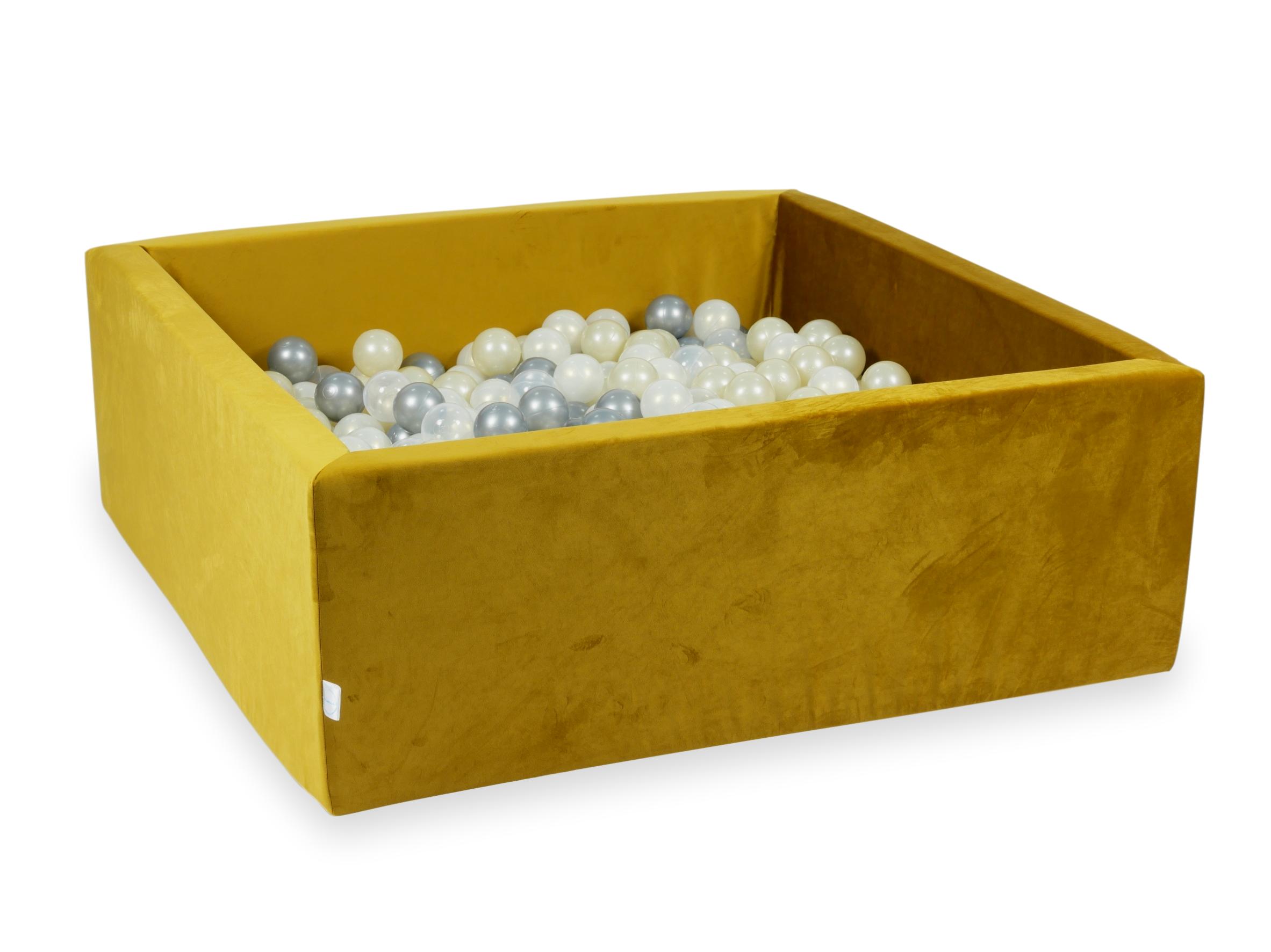 Square ball pit with balls 110 × 110 × 40 cm velvet gold + 600 balls