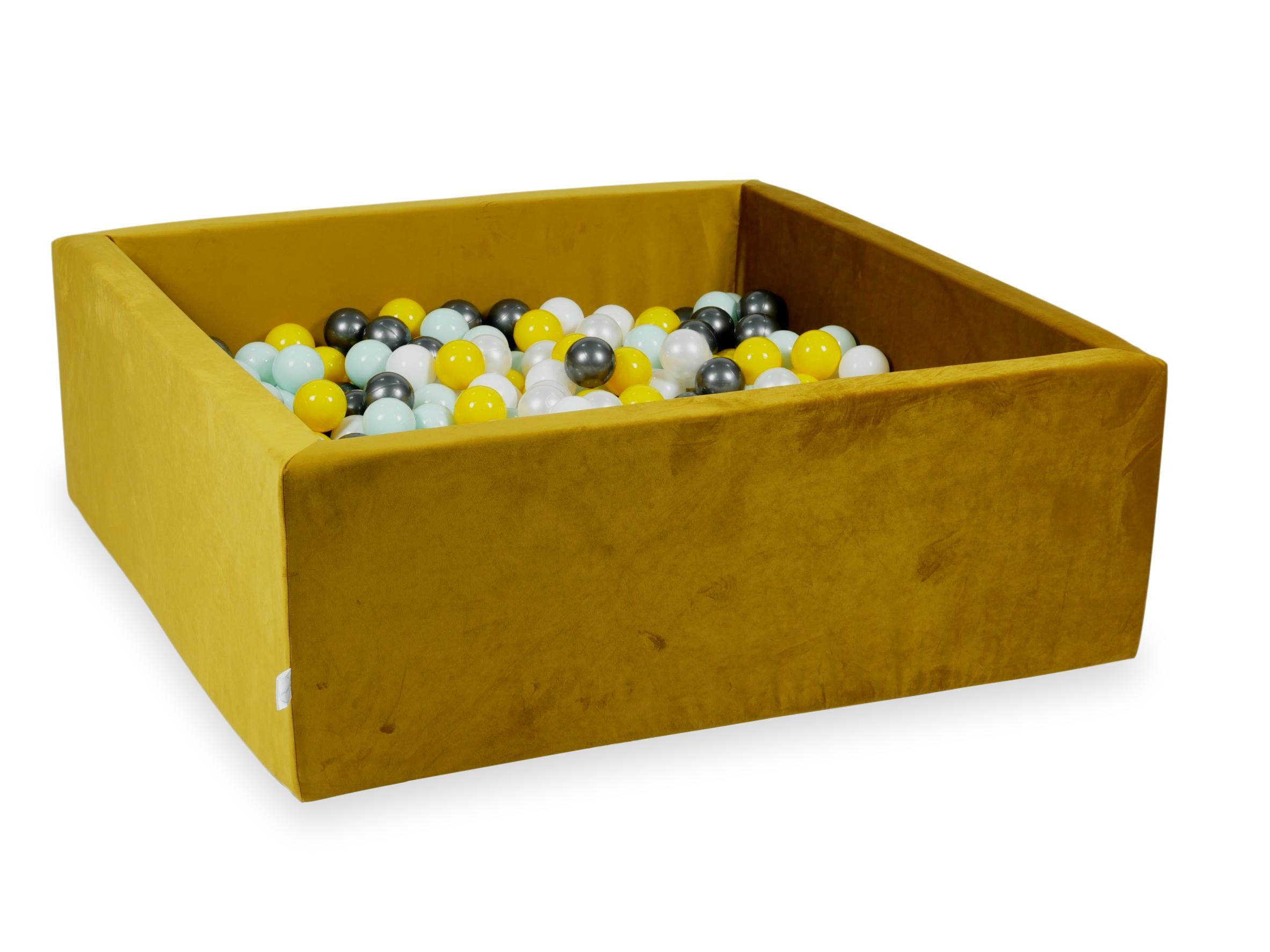 Square ball pit with balls 110 × 110 × 40 cm velvet gold + 600 balls