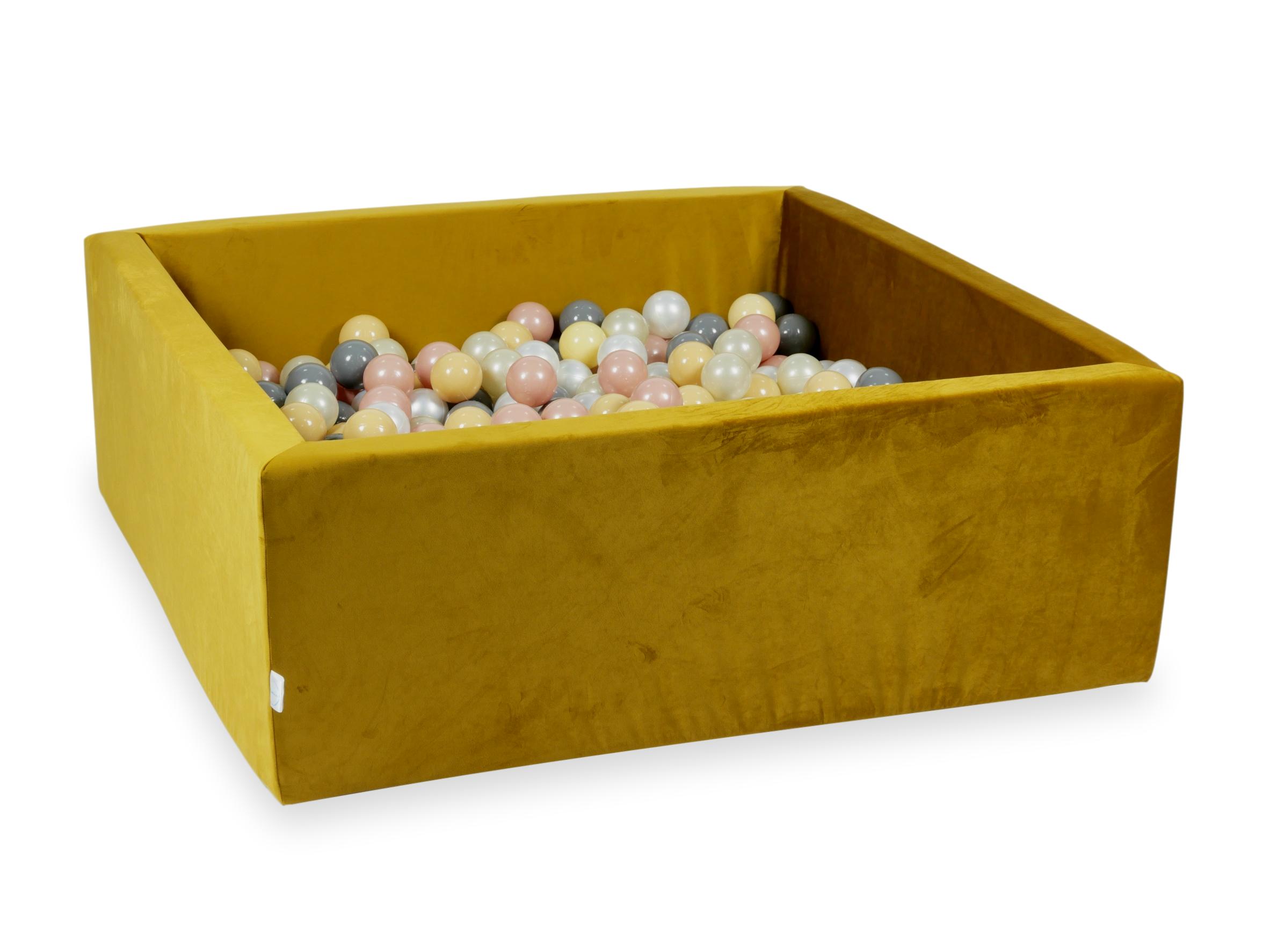 Square ball pit with balls 110 × 110 × 40 cm velvet gold + 600 balls