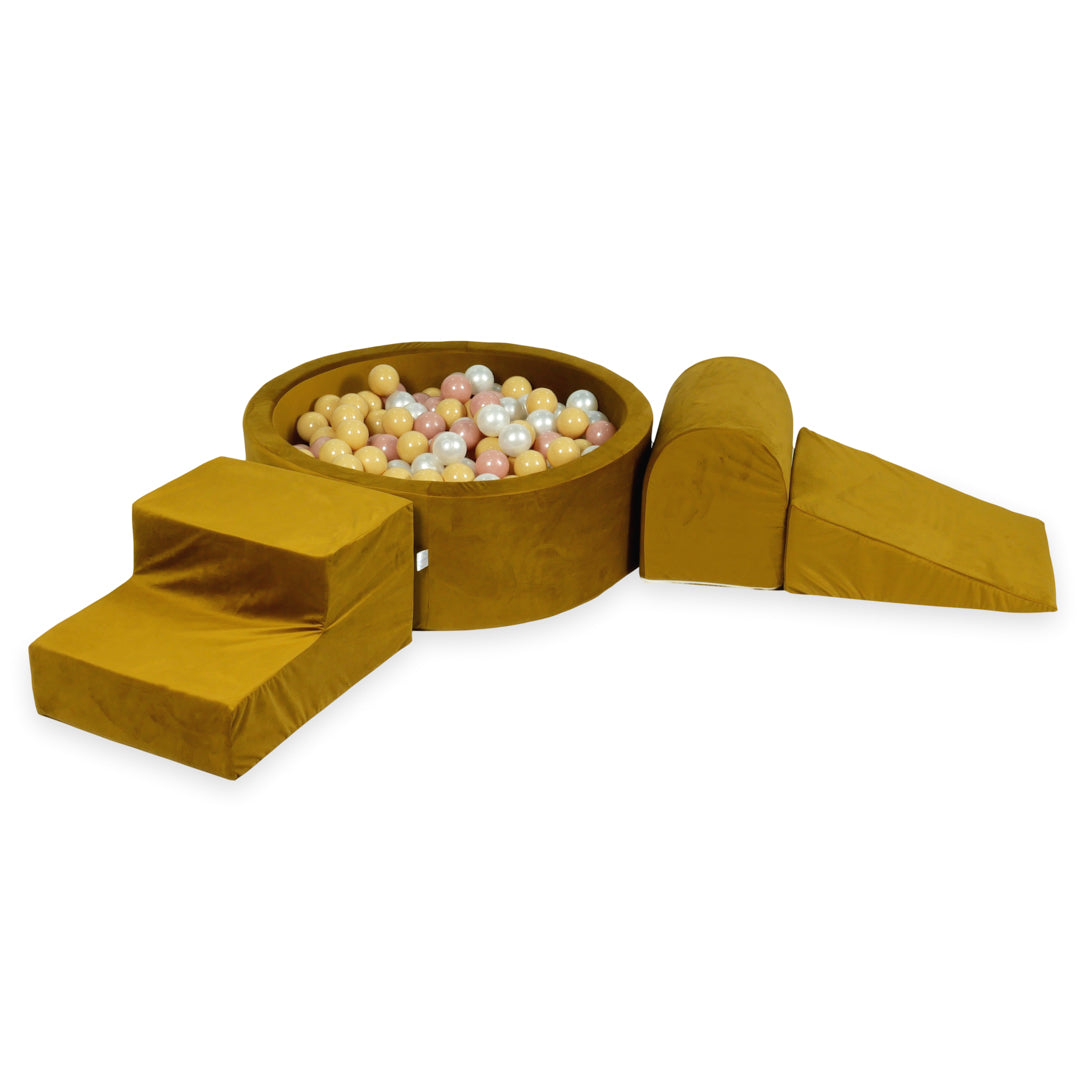Mimii Schaumstoff-Spielset mit rundem Bällebad 90 × 30 cm aus Samt in Gold – mit 200 Bällen