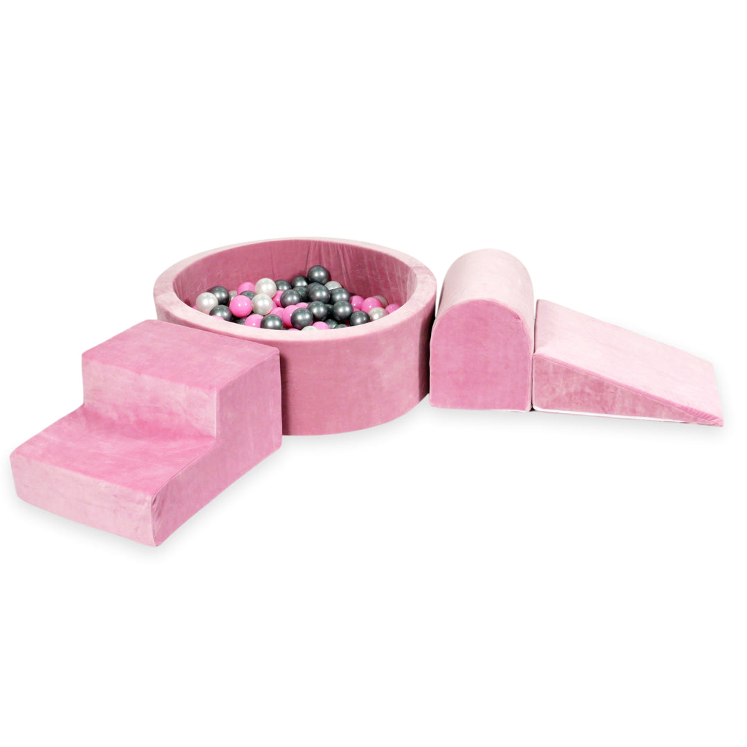 Mimii Schaumstoff-Spielset mit rundem Bällebad 90 × 30 cm aus Velvet Soft in Rosa – mit 200 Bällen