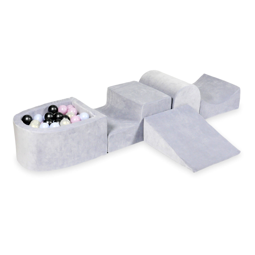 Piankowy plac zabaw z górką i basenem micro Velvet Soft jasnoszary + 100 piłek