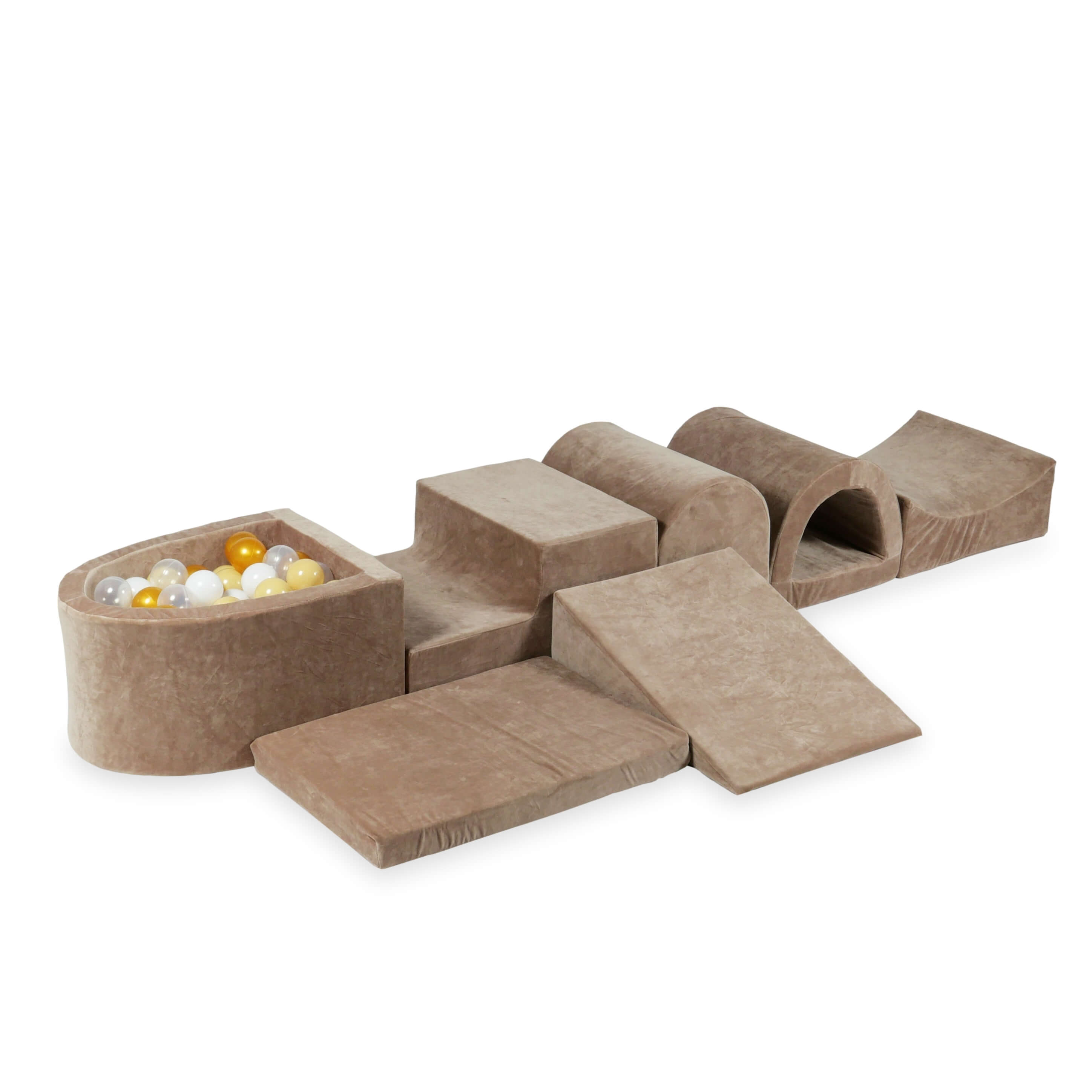 Mimii großes Schaumstoff-Spielset mit Mini-Bällebad aus Velvet Soft in Braun – mit 100 Bällen