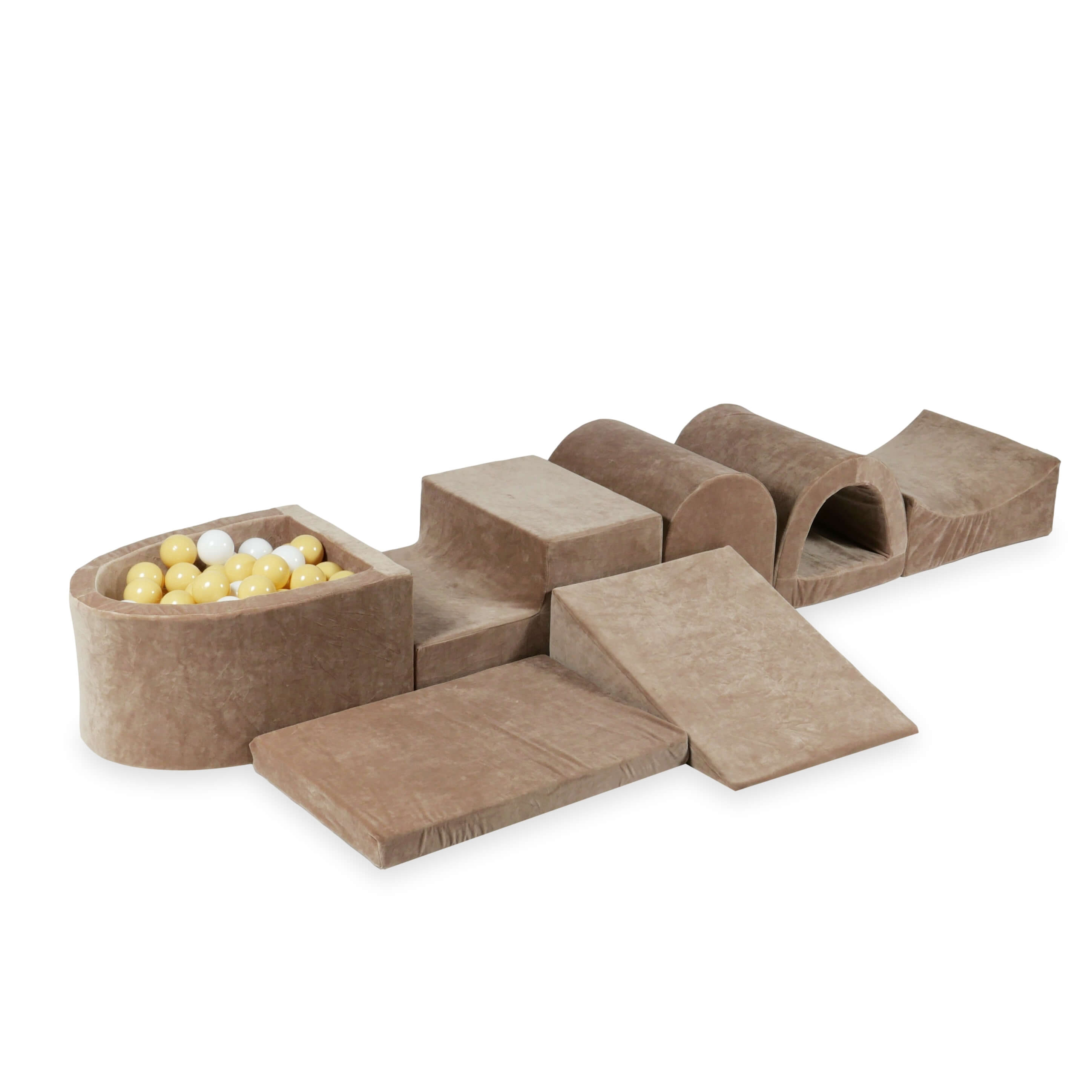 Mimii großes Schaumstoff-Spielset mit Mini-Bällebad aus Velvet Soft in Braun – mit 100 Bällen