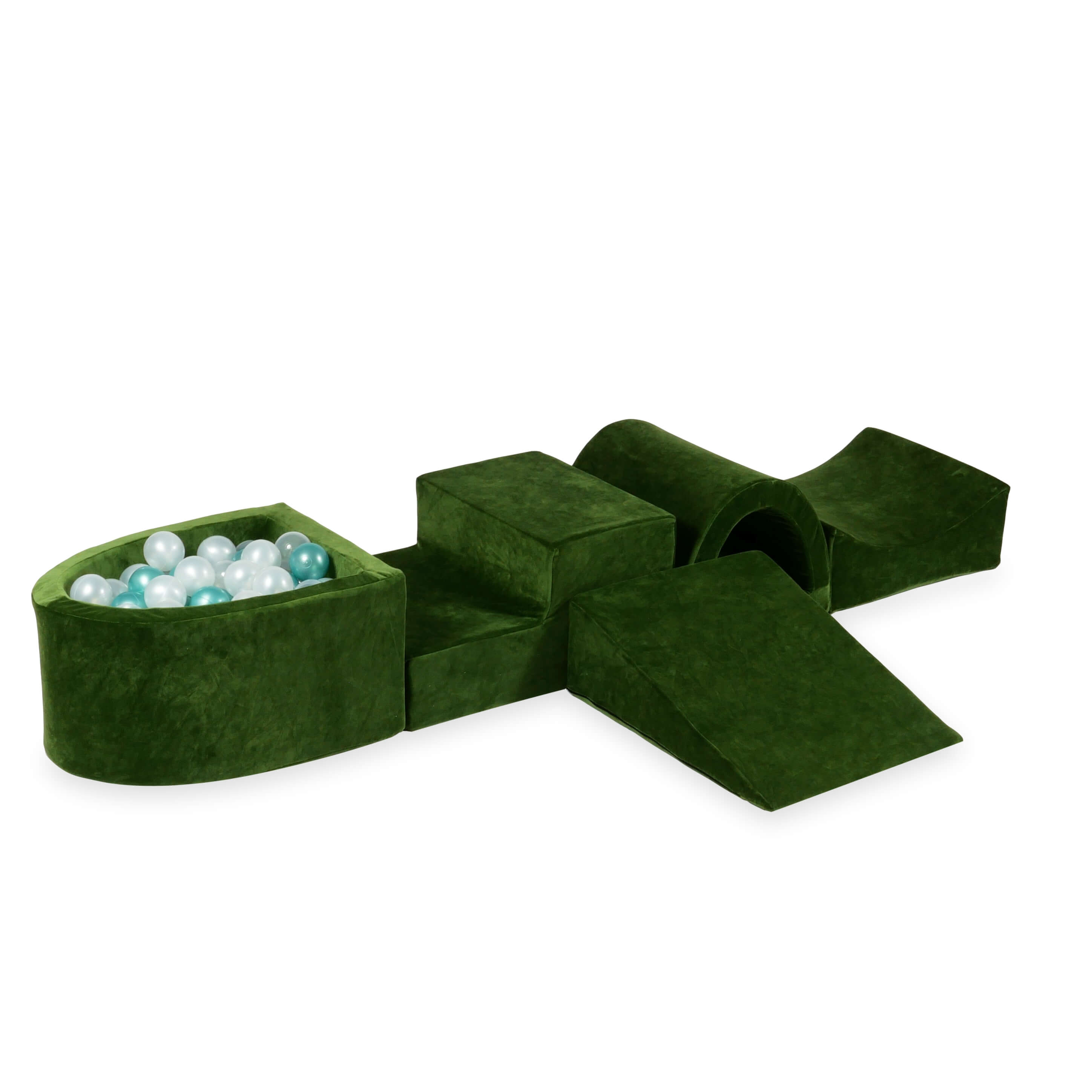 Mimii Schaumstoff-Spielset mit Brücke und Mini-Bällebad aus Velvet Soft in Olivgrün – mit 100 Bällen