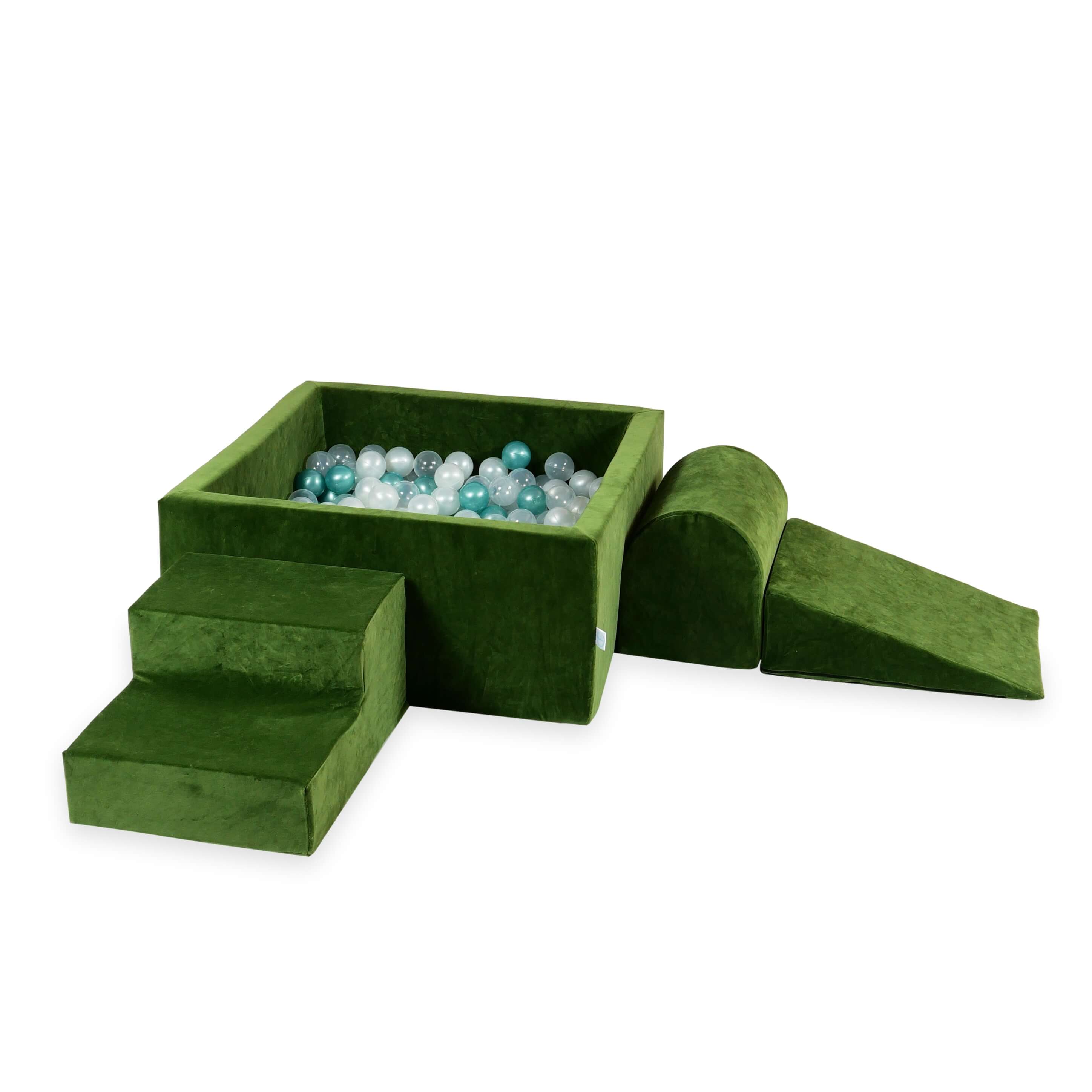 Mimii Schaumstoff-Spielset mit quadratischem Bällebad aus Velvet Soft in Olivgrün – 90 × 90 × 40 cm, mit 400 Bällen