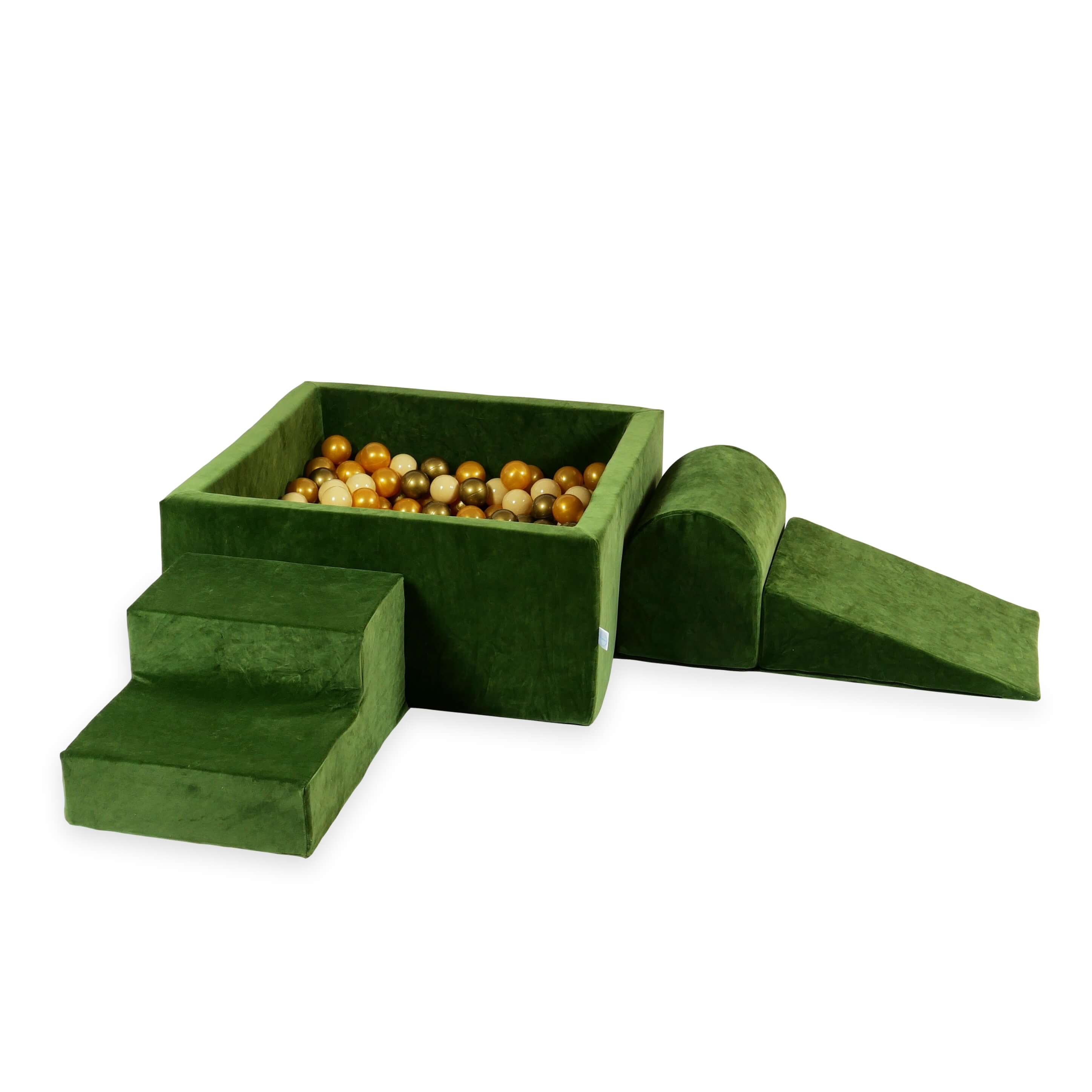 Mimii Schaumstoff-Spielset mit quadratischem Bällebad aus Velvet Soft in Olivgrün – 90 × 90 × 40 cm, mit 400 Bällen