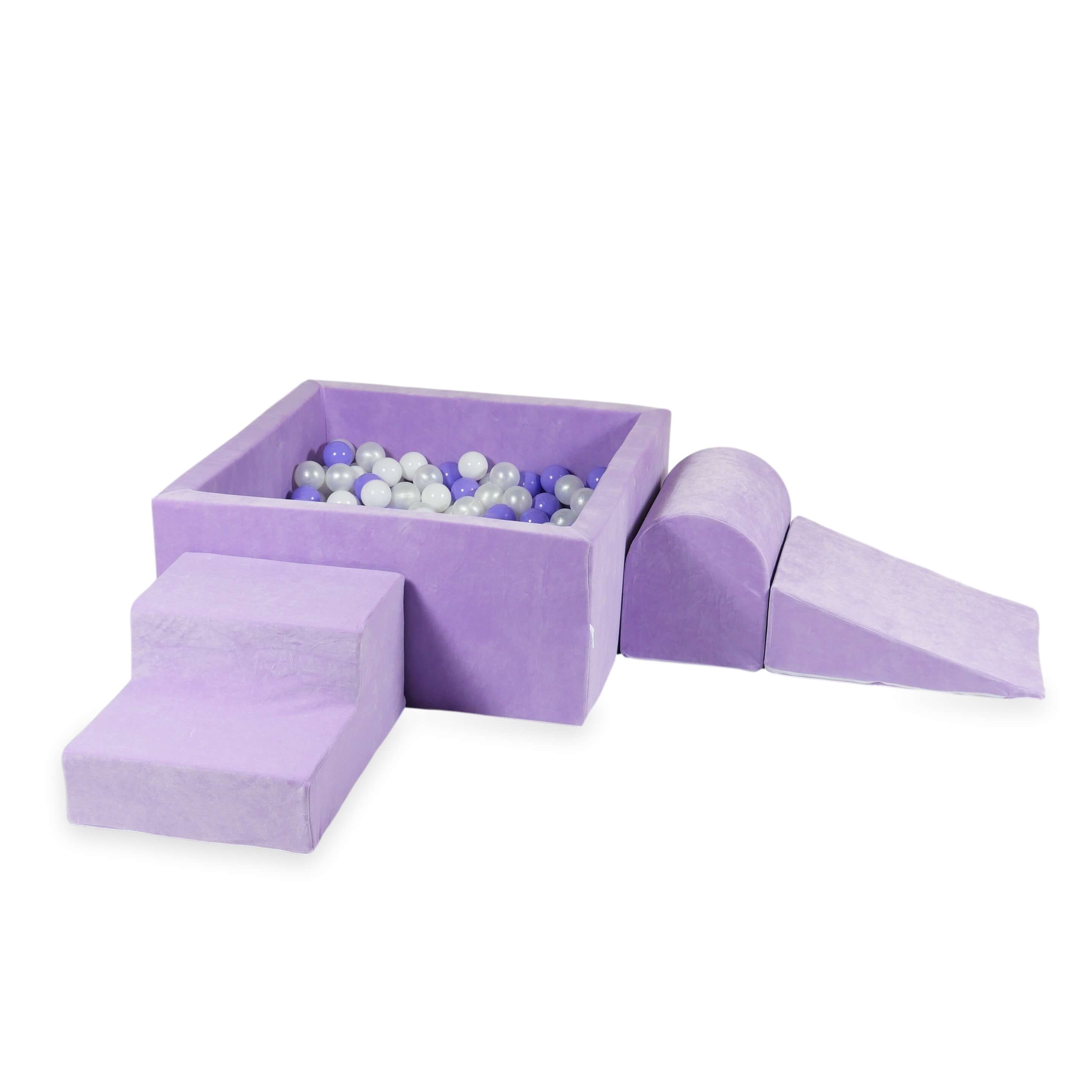 Mimii Schaumstoff-Spielset mit quadratischem Bällebad aus Velvet Soft in Flieder – 90 × 90 × 40 cm, mit 400 Bällen