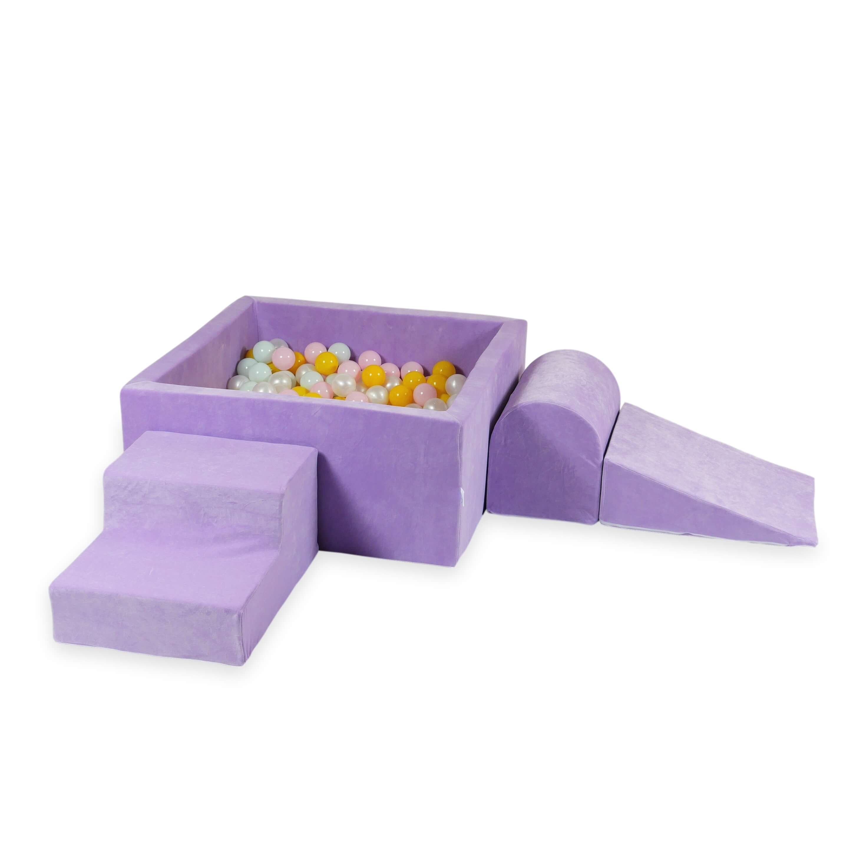 Mimii Schaumstoff-Spielset mit quadratischem Bällebad aus Velvet Soft in Flieder – 90 × 90 × 40 cm, mit 400 Bällen