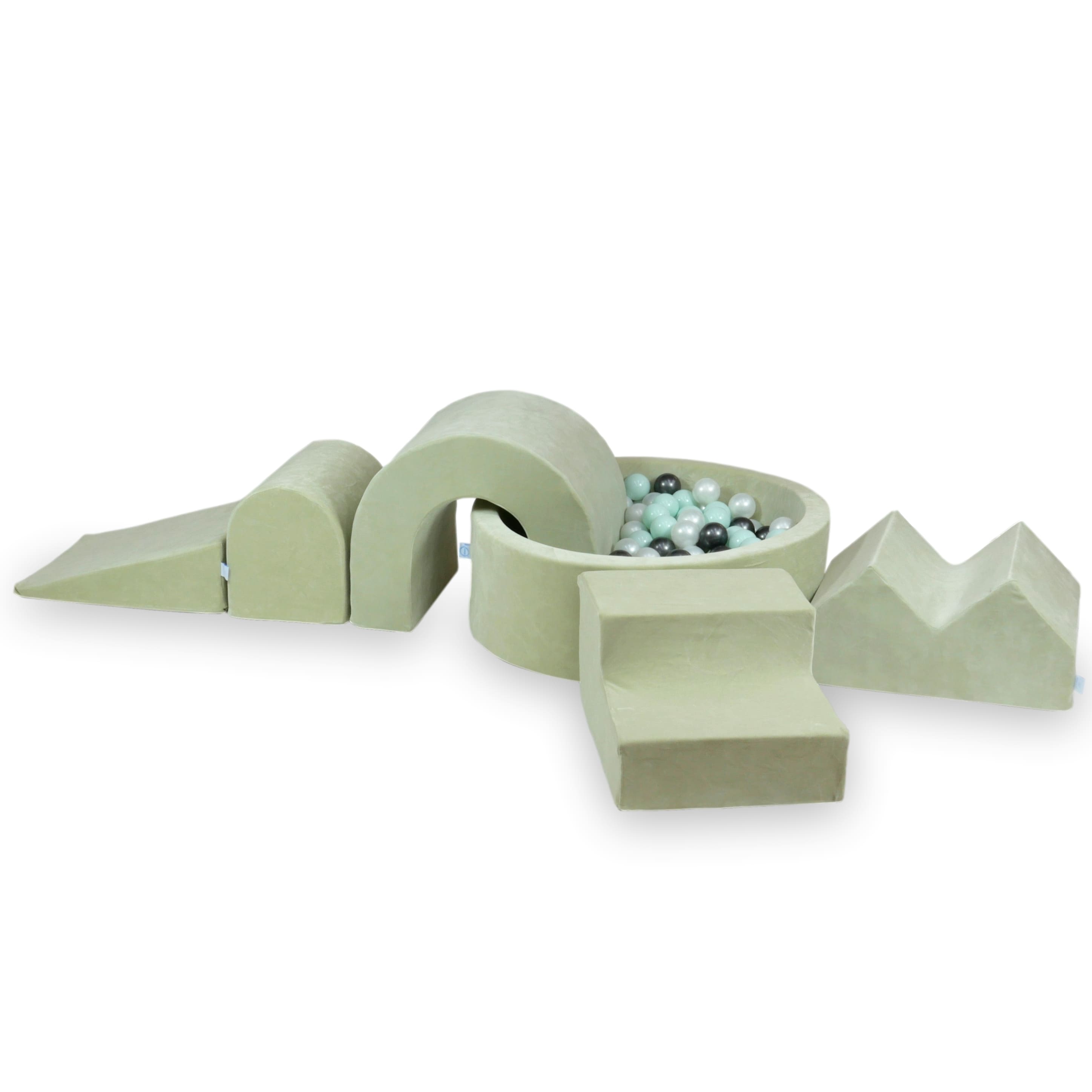 Mimii Schaumstoff-Spielset mit rundem Bällebad 90 × 30 cm aus Velvet Soft in Pistazie – 5-teilig, mit 200 Bällen