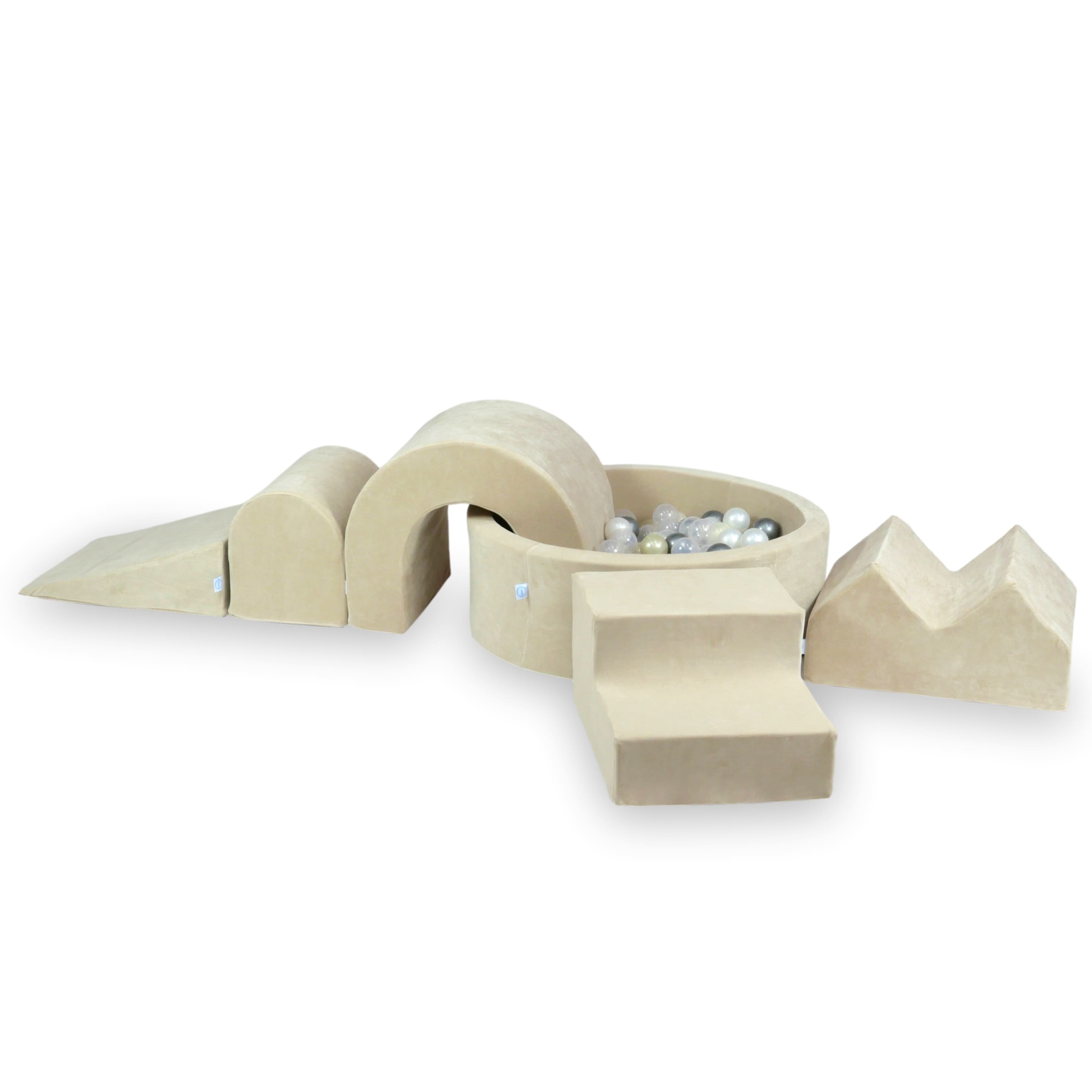 Mimii Schaumstoff-Spielset mit rundem Bällebad 90 × 30 cm aus Velvet Soft in Beige – 5-teilig, mit 200 Bällen
