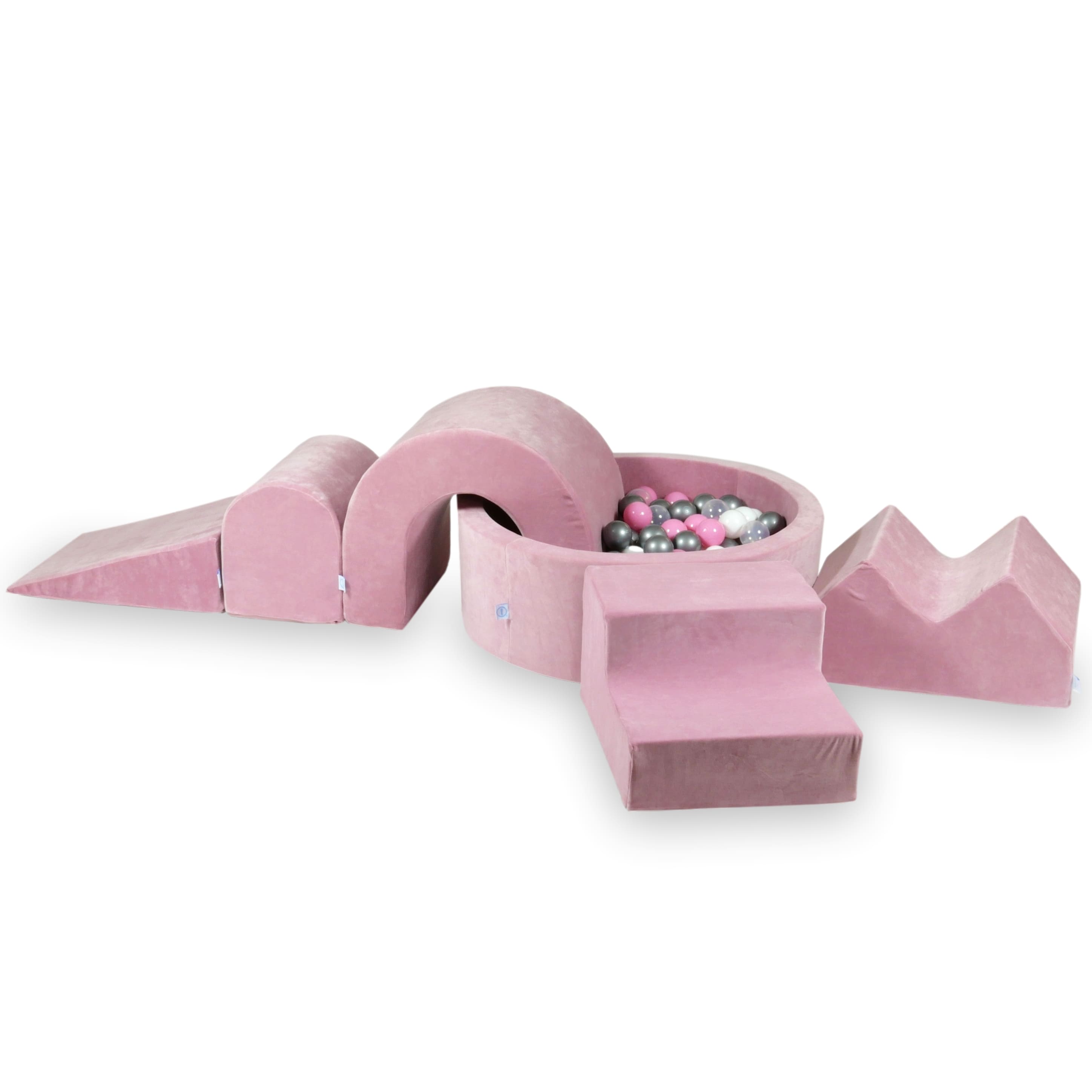 Mimii Schaumstoff-Spielset mit rundem Bällebad 90 × 30 cm aus Velvet Soft in Rosa – 5-teilig, mit 200 Bällen