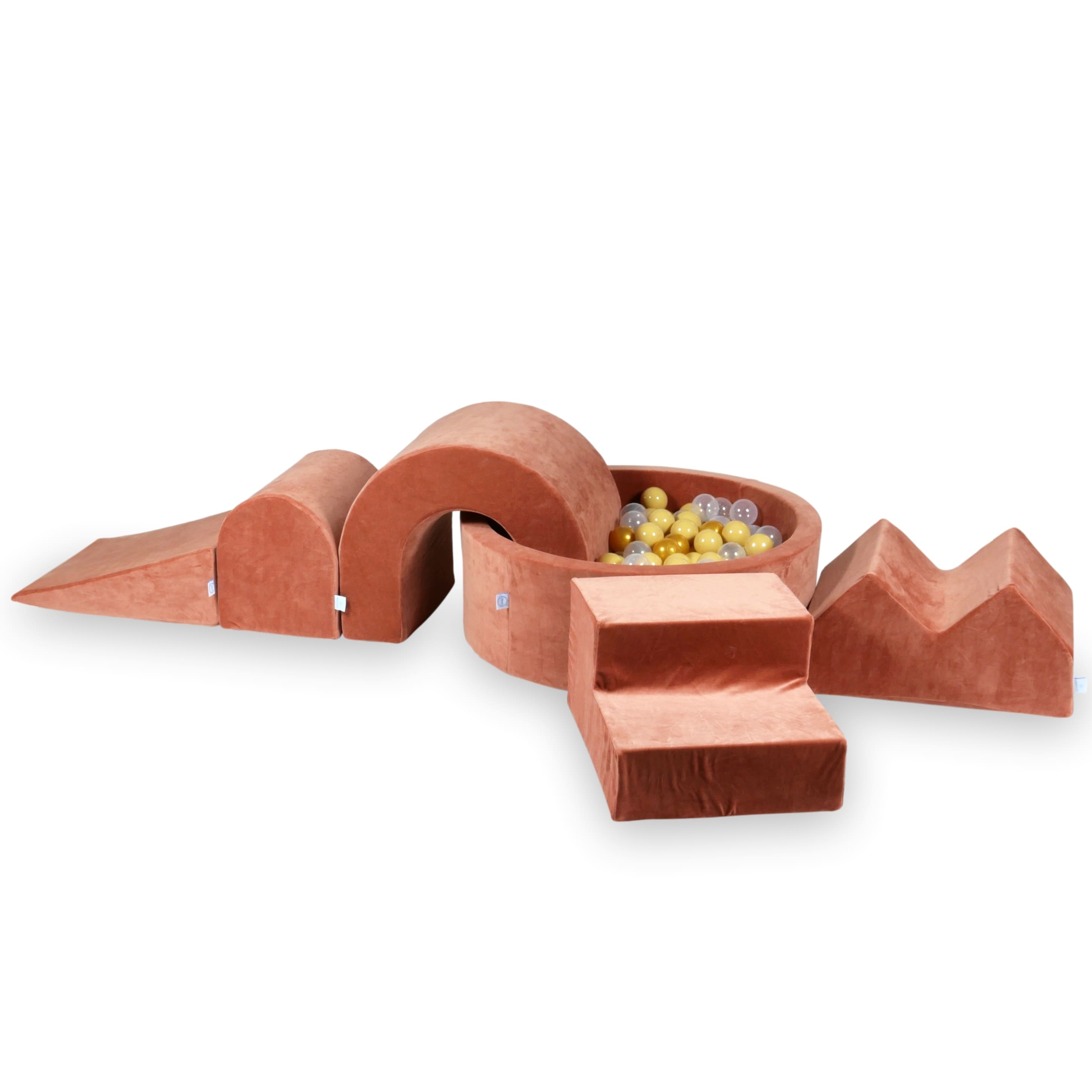 Mimii Schaumstoff-Spielset mit rundem Bällebad 90 × 30 cm aus Velvet Soft in Canyon Clay – 5-teilig, mit 200 Bällen