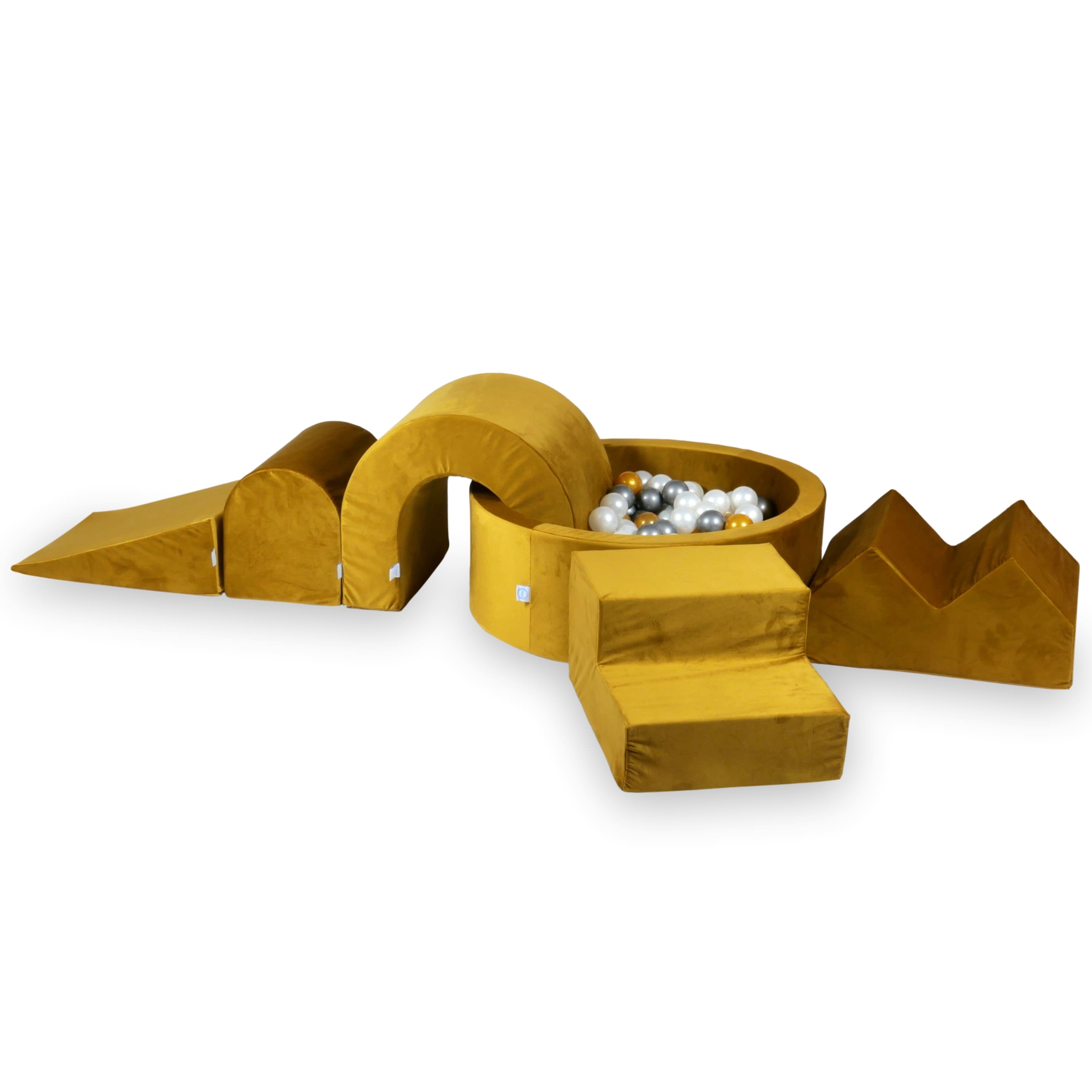 Mimii Schaumstoff-Spielset mit rundem Bällebad 90 × 30 cm aus Samt in Gold – 5-teilig, mit 200 Bällen