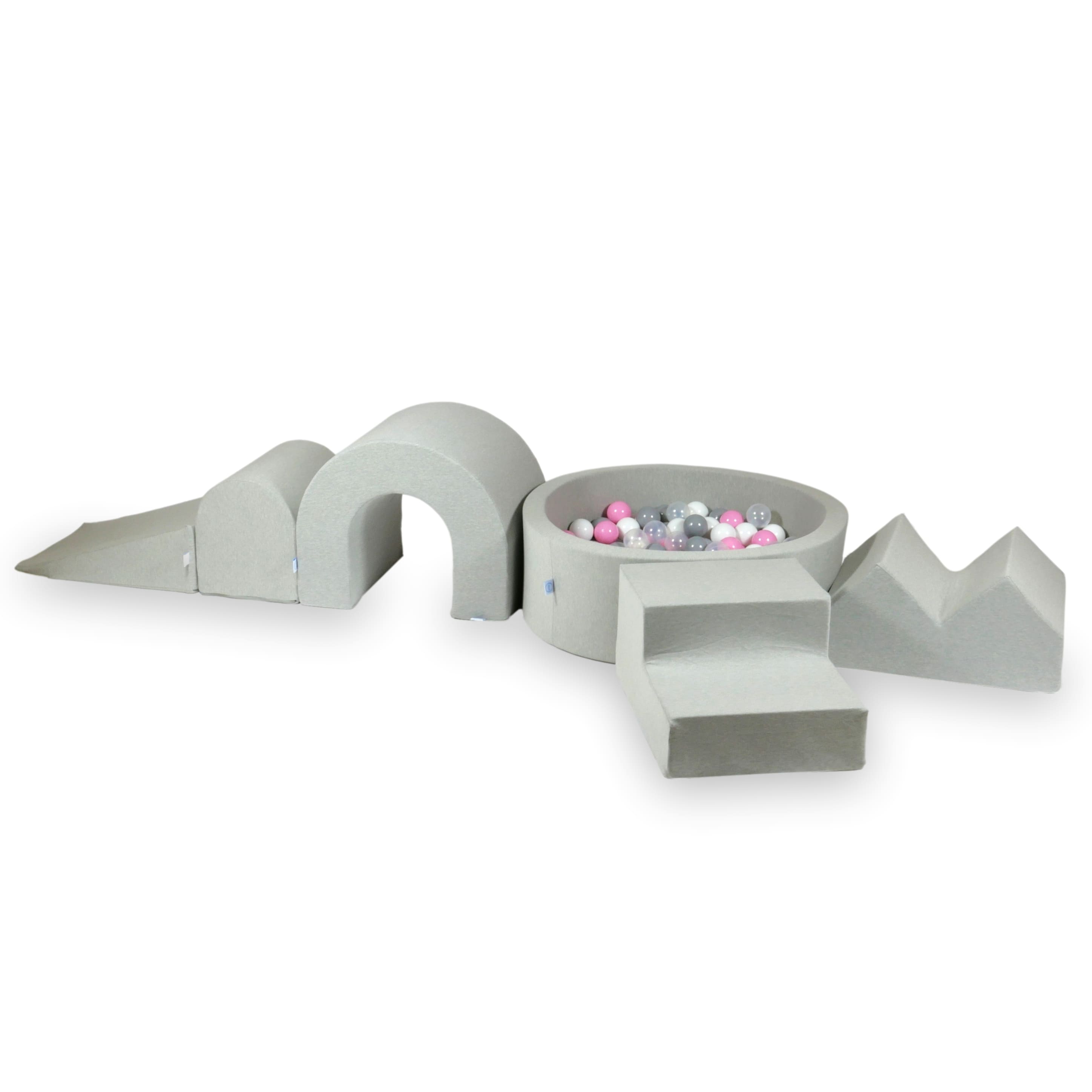 Piankowy plac zabaw z okrągłym basenem 90x30 cm jasnoszary + 5 elementów + 200 piłek