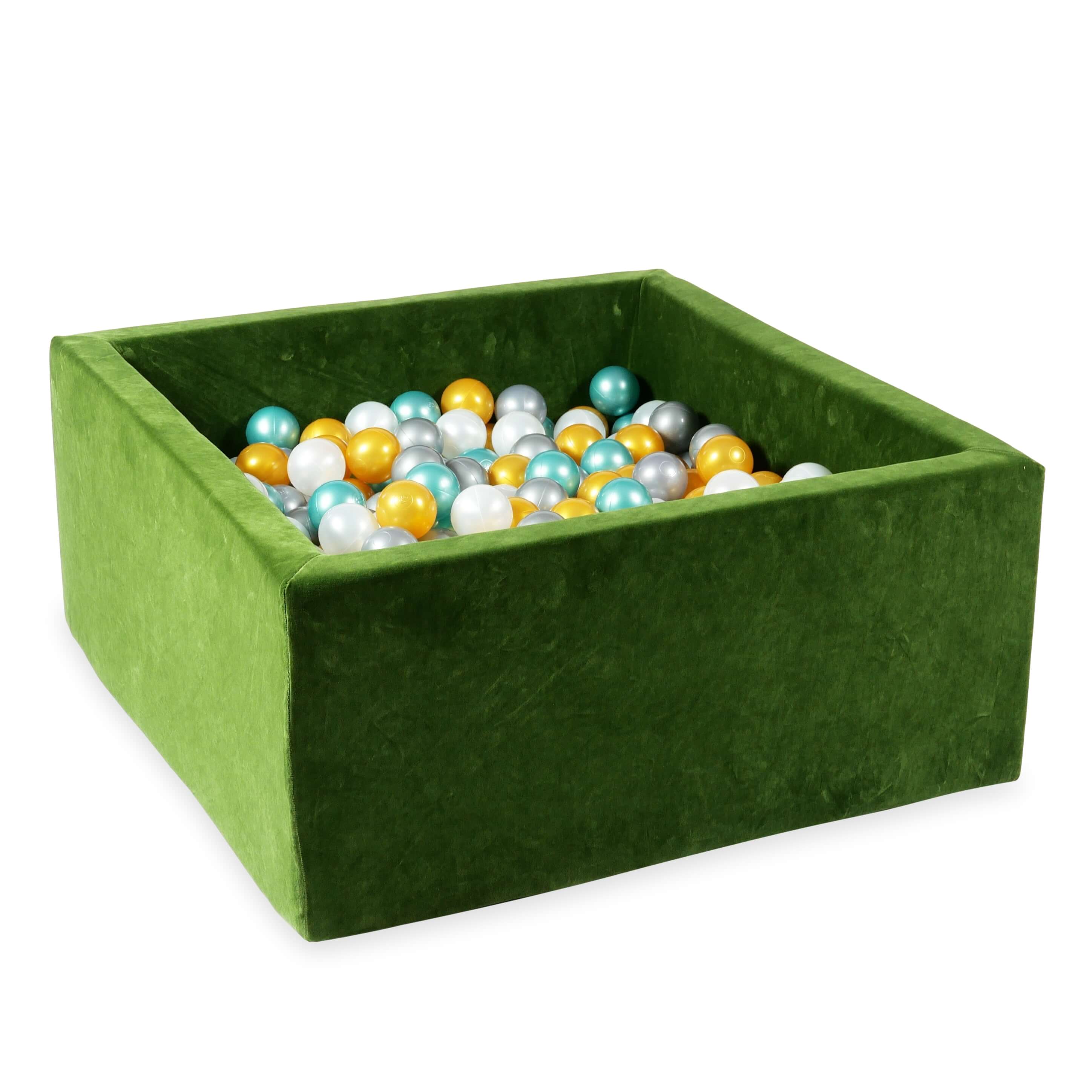 Square ball pit with balls 90 × 90 × 40 cm Velvet Soft olive + 400 balls