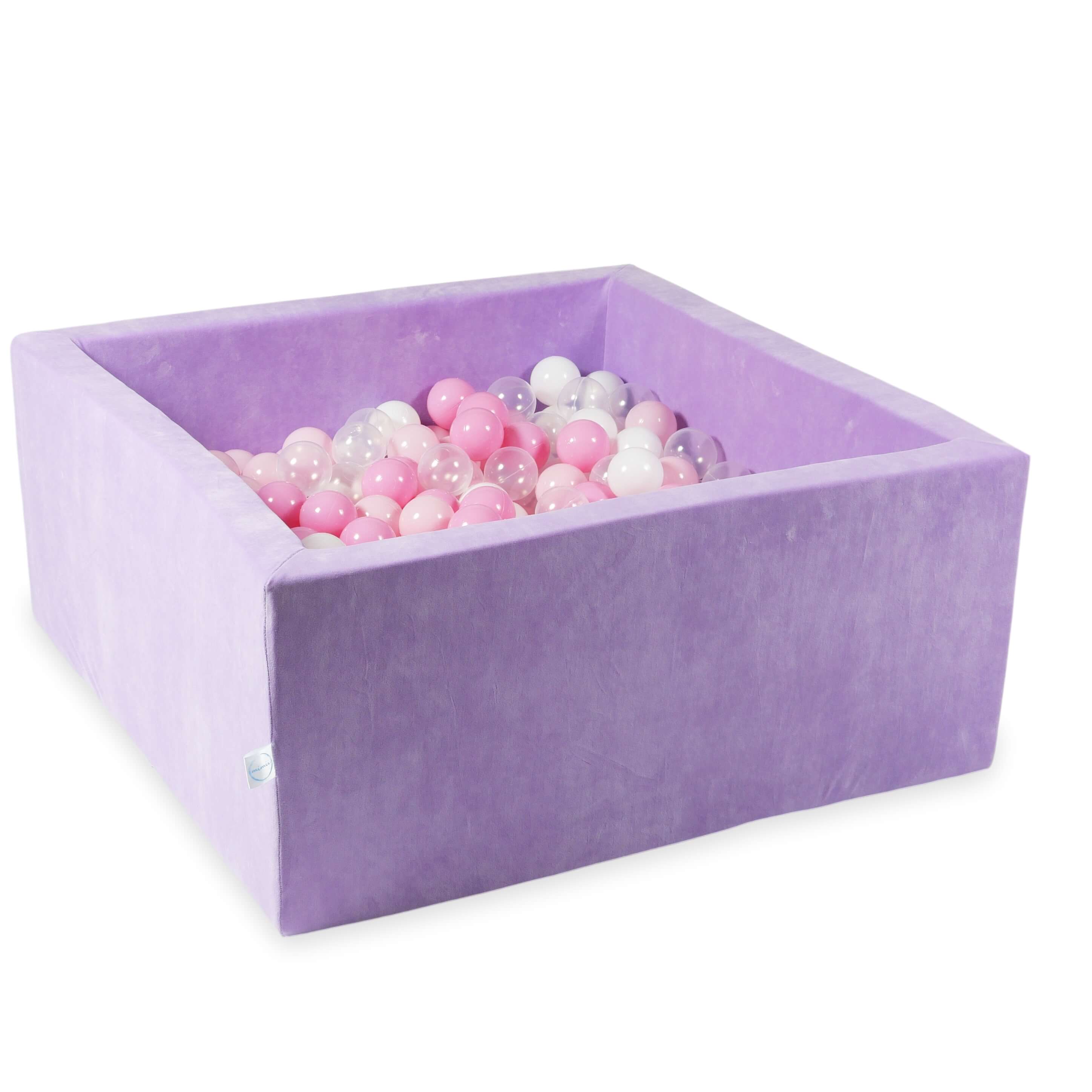 Square ball pit with balls 90 × 90 × 40 cm Velvet Soft lilac + 400 balls