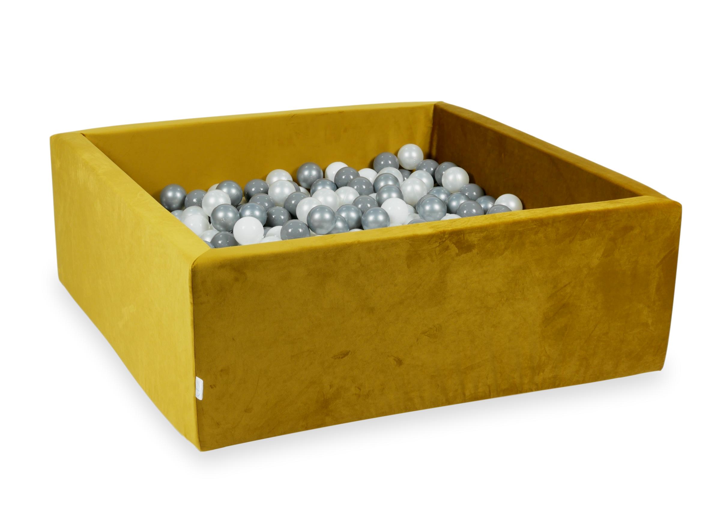 Square ball pit with balls 110 × 110 × 40 cm velvet gold + 600 balls