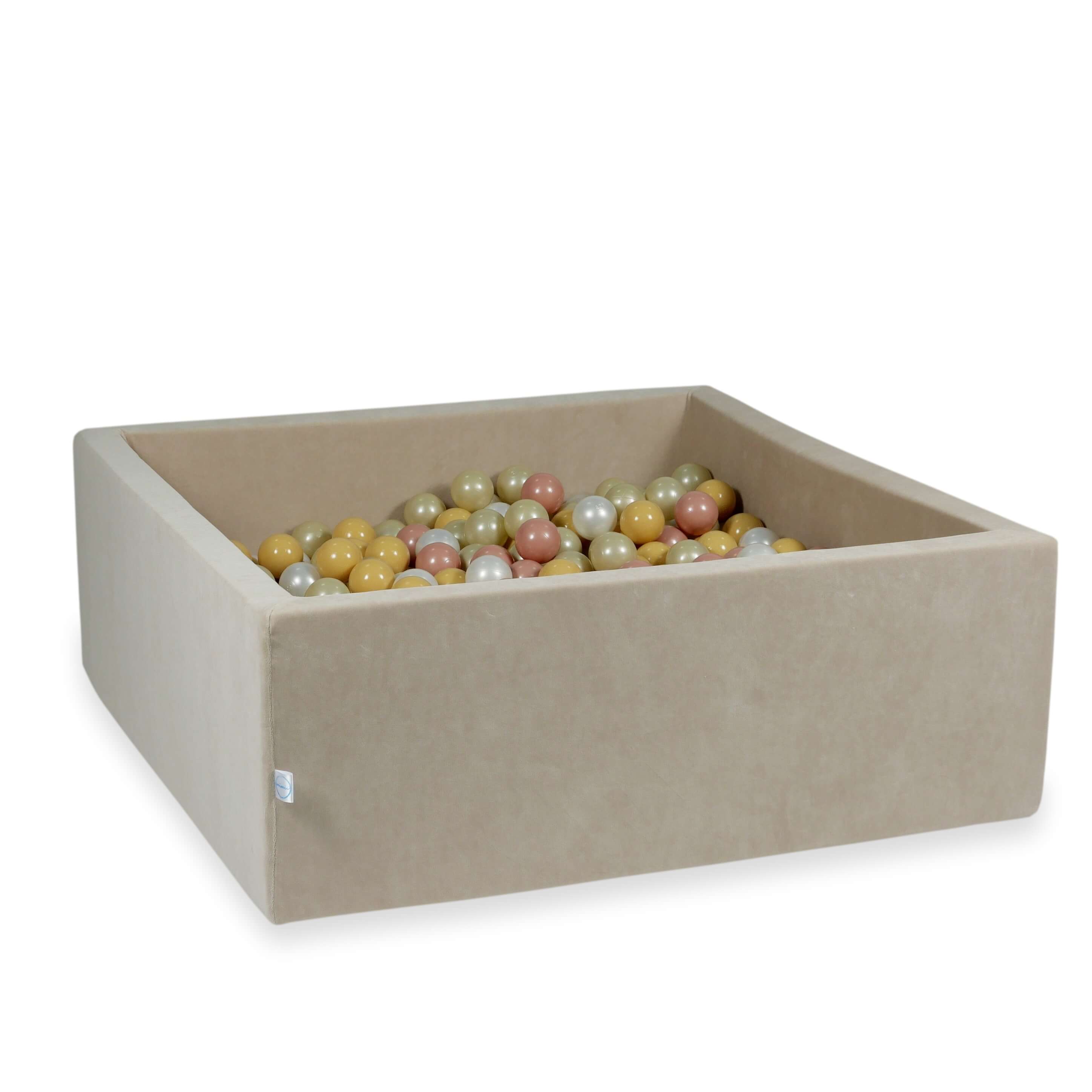 Square ball pit with balls 110 × 110 × 40 cm Velvet Soft beige + 600 balls
