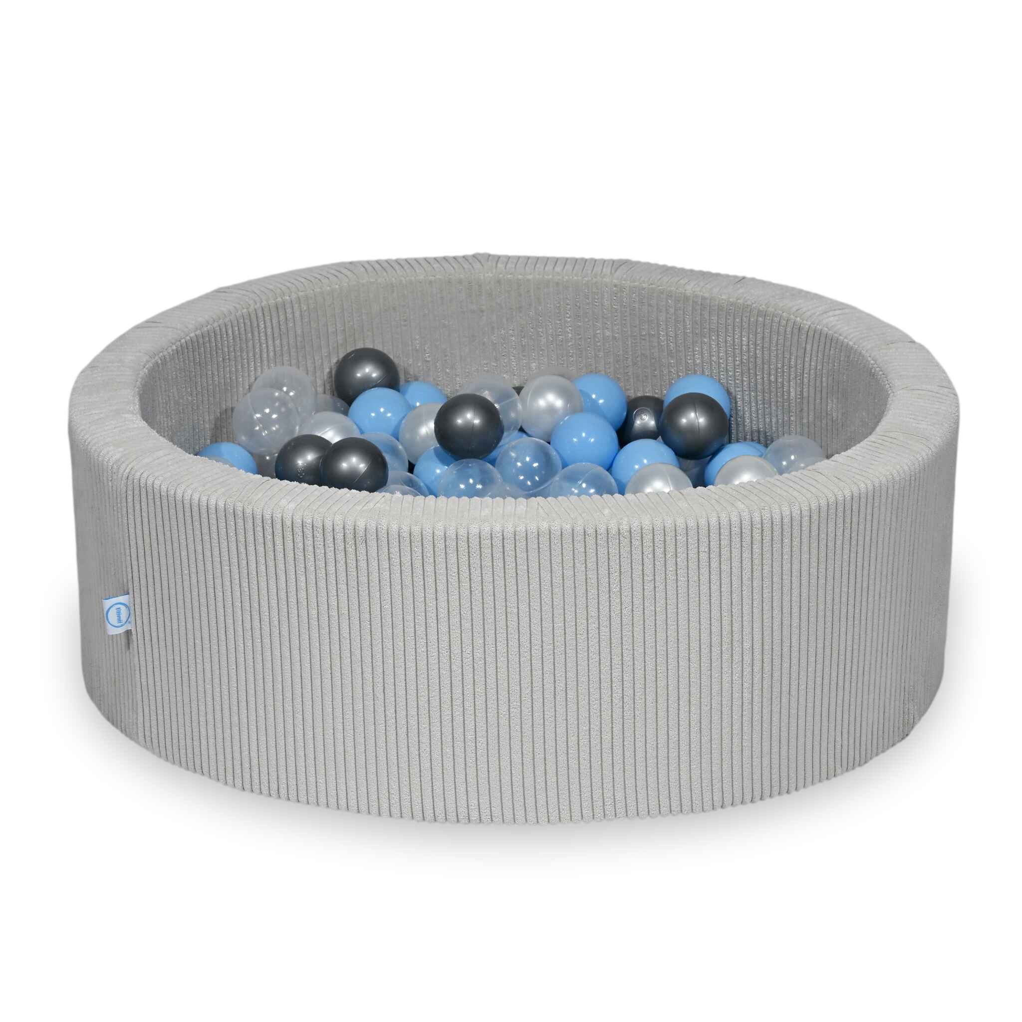 Mimii Bällebad aus Cord in Grau – rund, 90 × 30 cm, mit 200 Bällen
