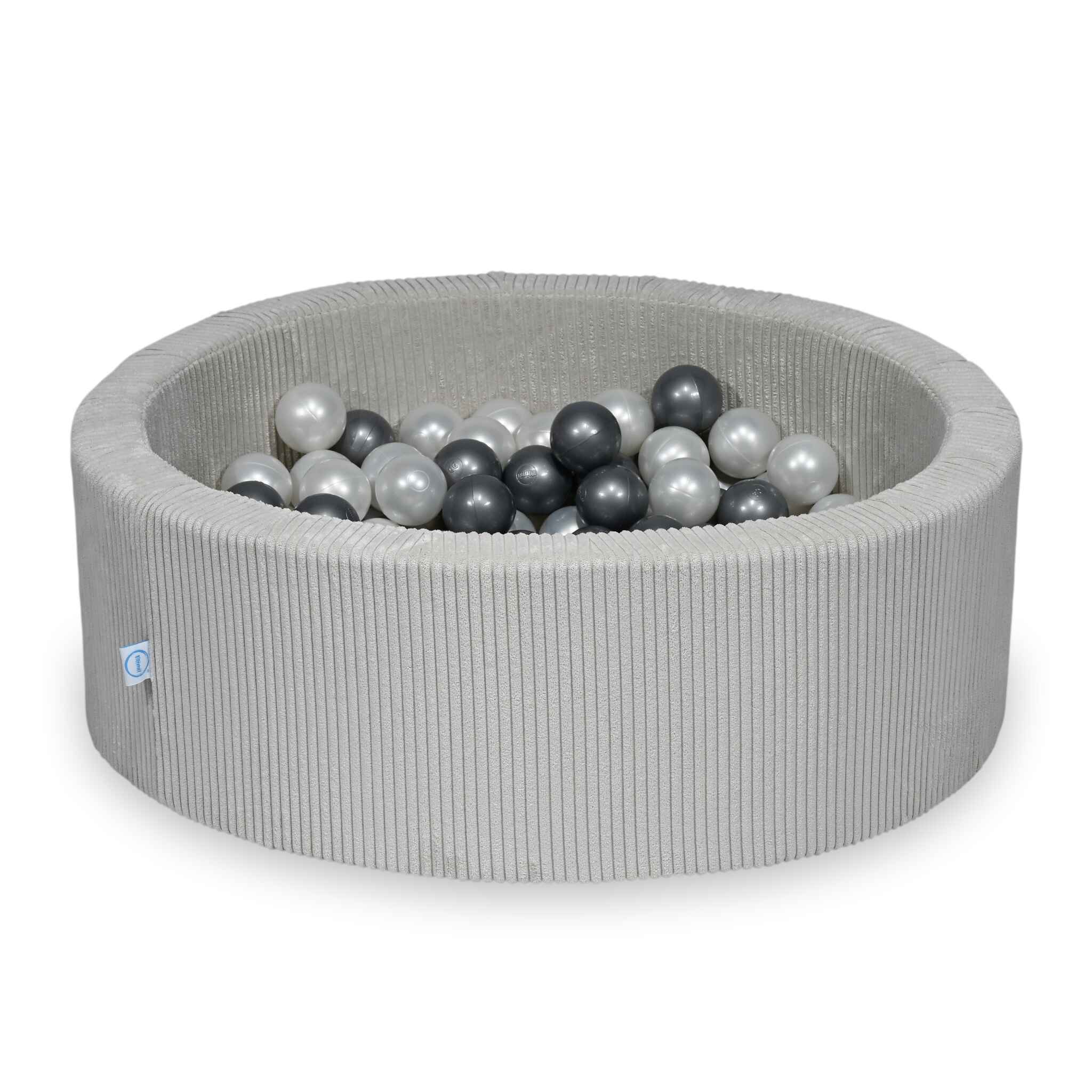 Mimii Bällebad aus Cord in Grau – rund, 90 × 30 cm, mit 200 Bällen