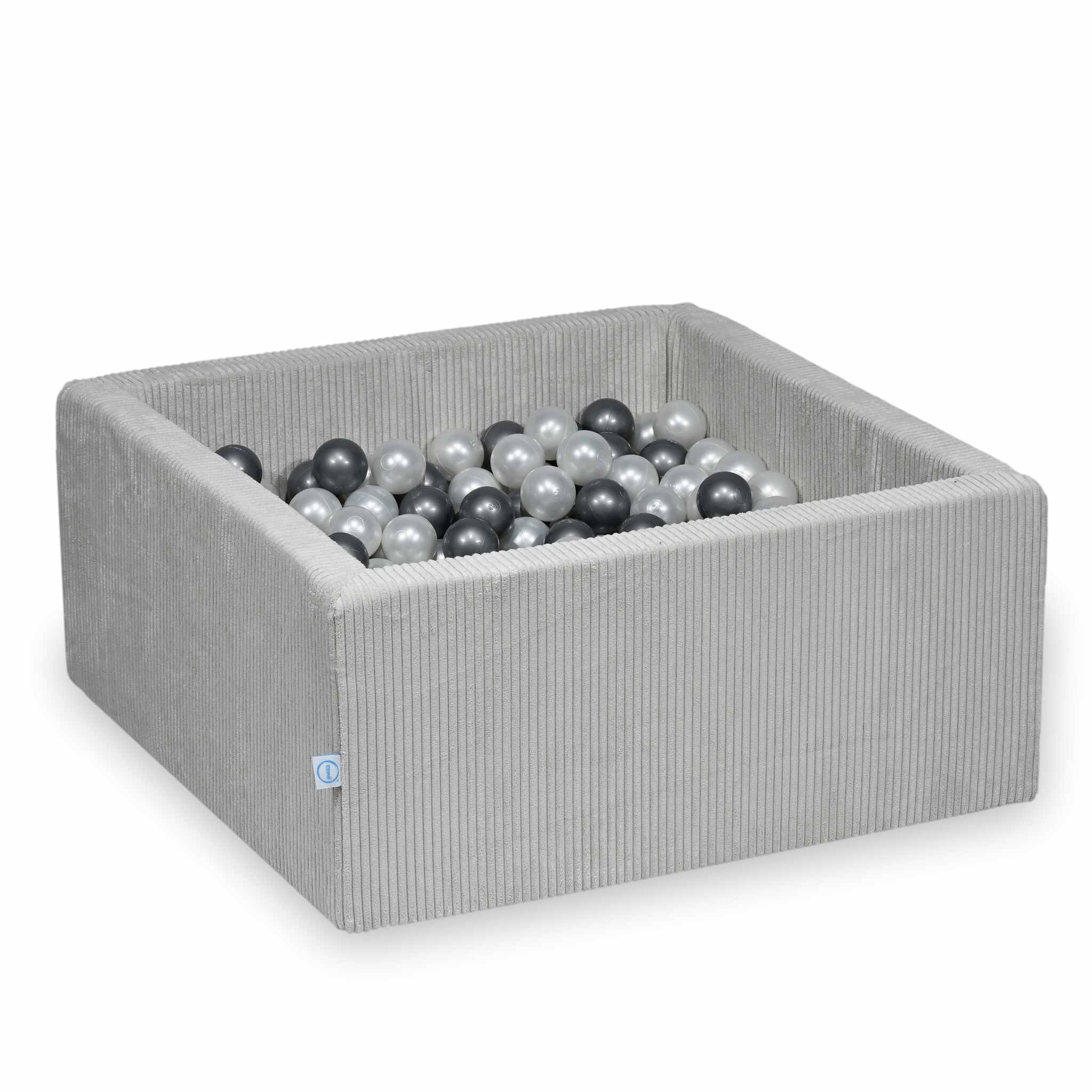 Mimii Bällebad aus Cord in Grau – quadratisch, 90 × 90 × 40 cm, mit 400 Bällen