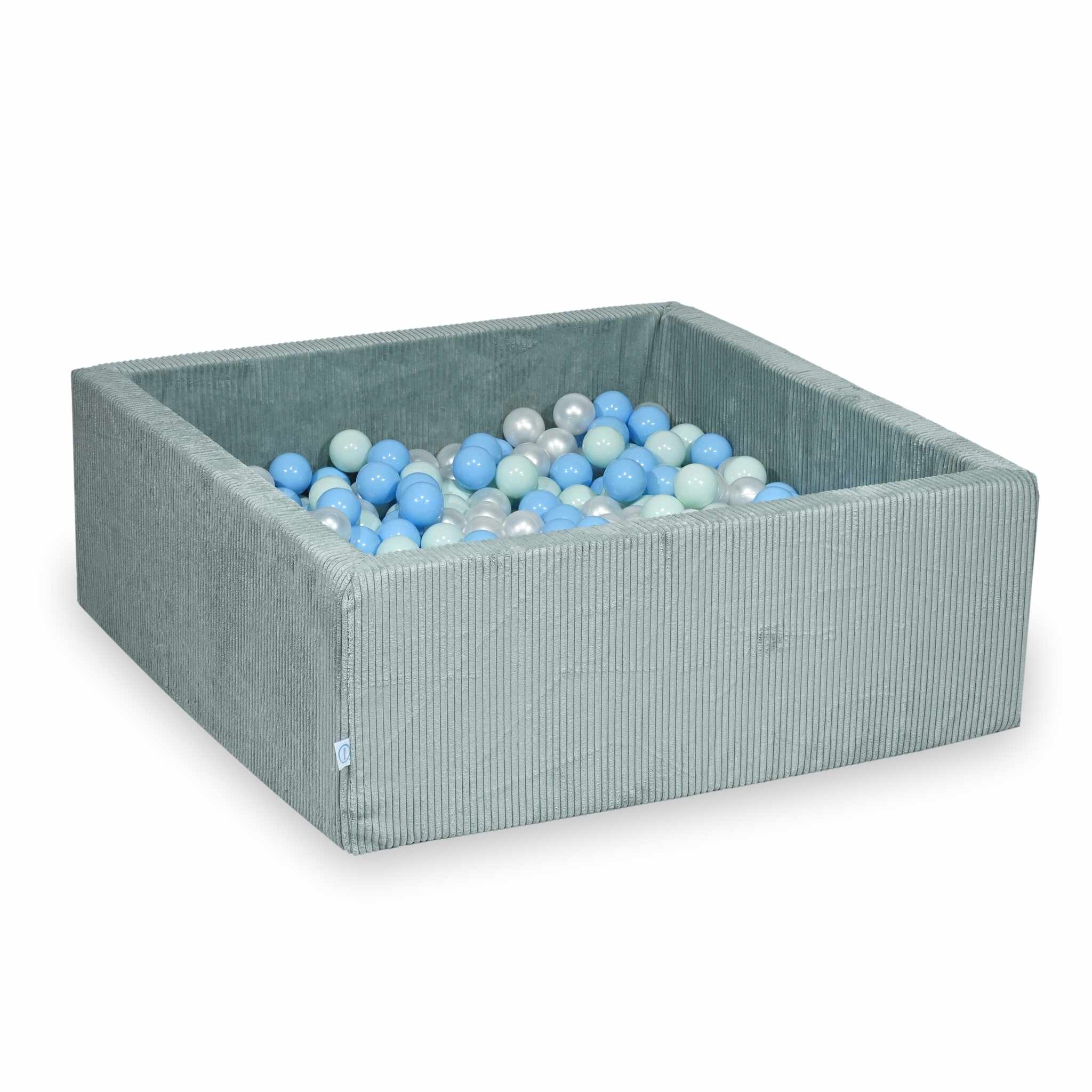 Mimii Bällebad aus Cord in Hellmint – quadratisch, 90 × 90 × 40 cm, mit 400 Bällen