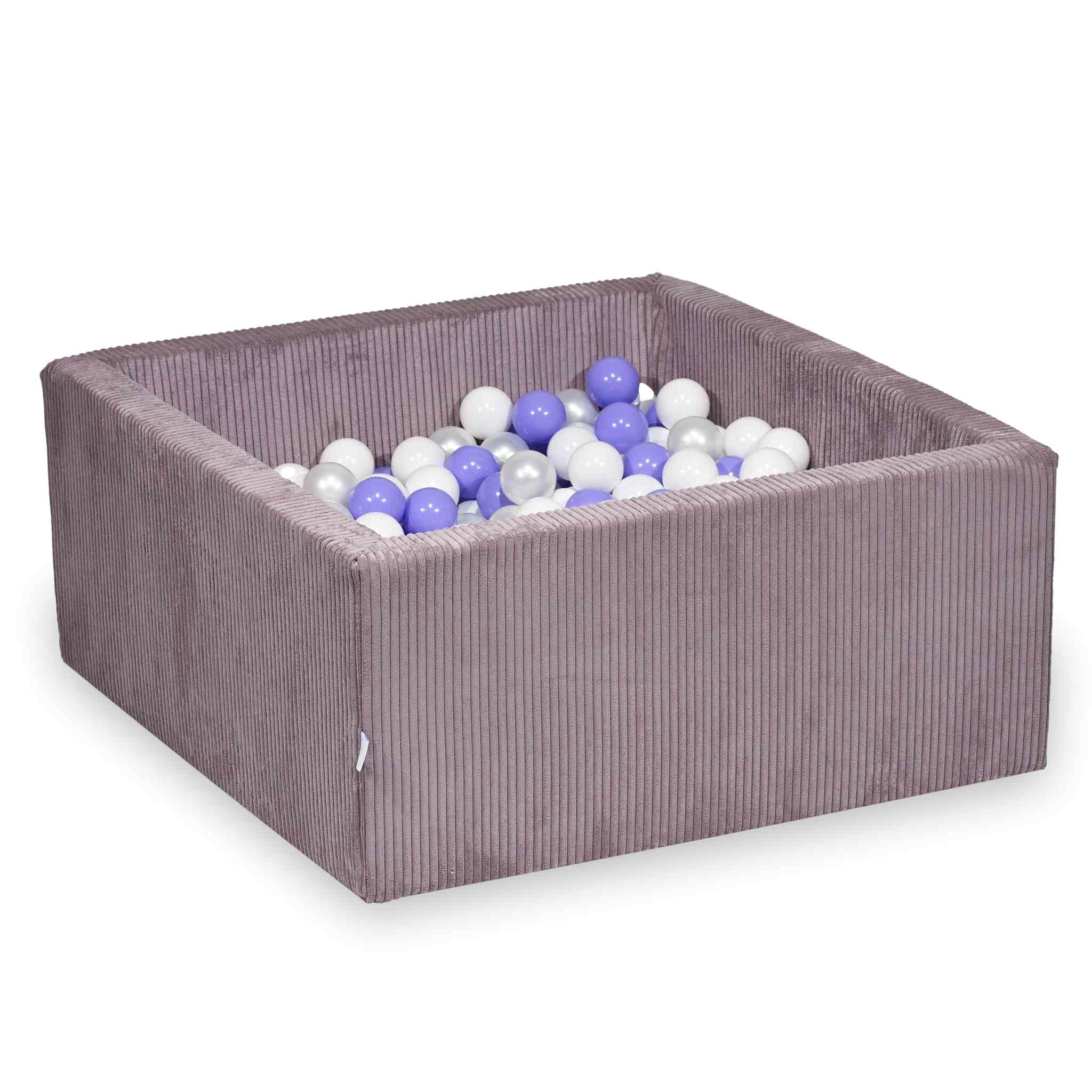 Mimii Bällebad aus Cord in Lavendel – quadratisch, 90 × 90 × 40 cm, mit 400 Bällen