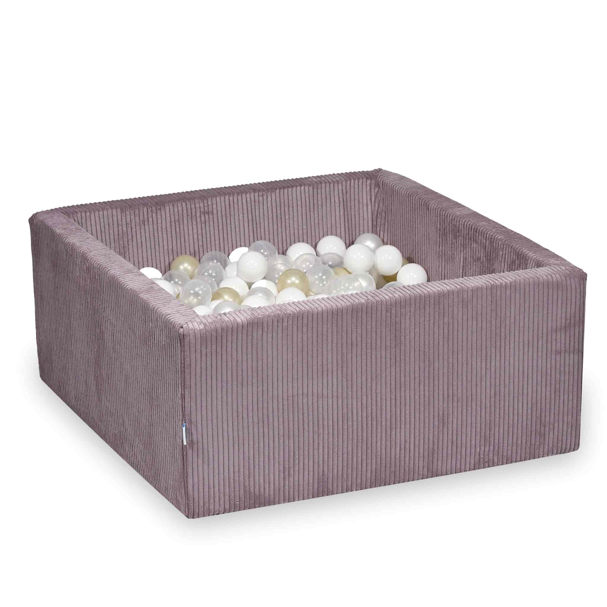 Mimii Bällebad aus Cord in Lavendel – quadratisch, 90 × 90 × 40 cm, mit 400 Bällen