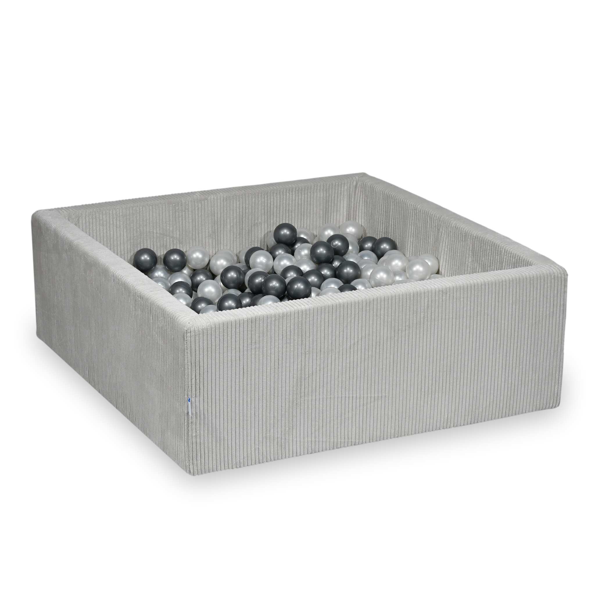 Mimii Bällebad aus Cord in Grau – quadratisch, 110 × 110 × 40 cm, mit 600 Bällen