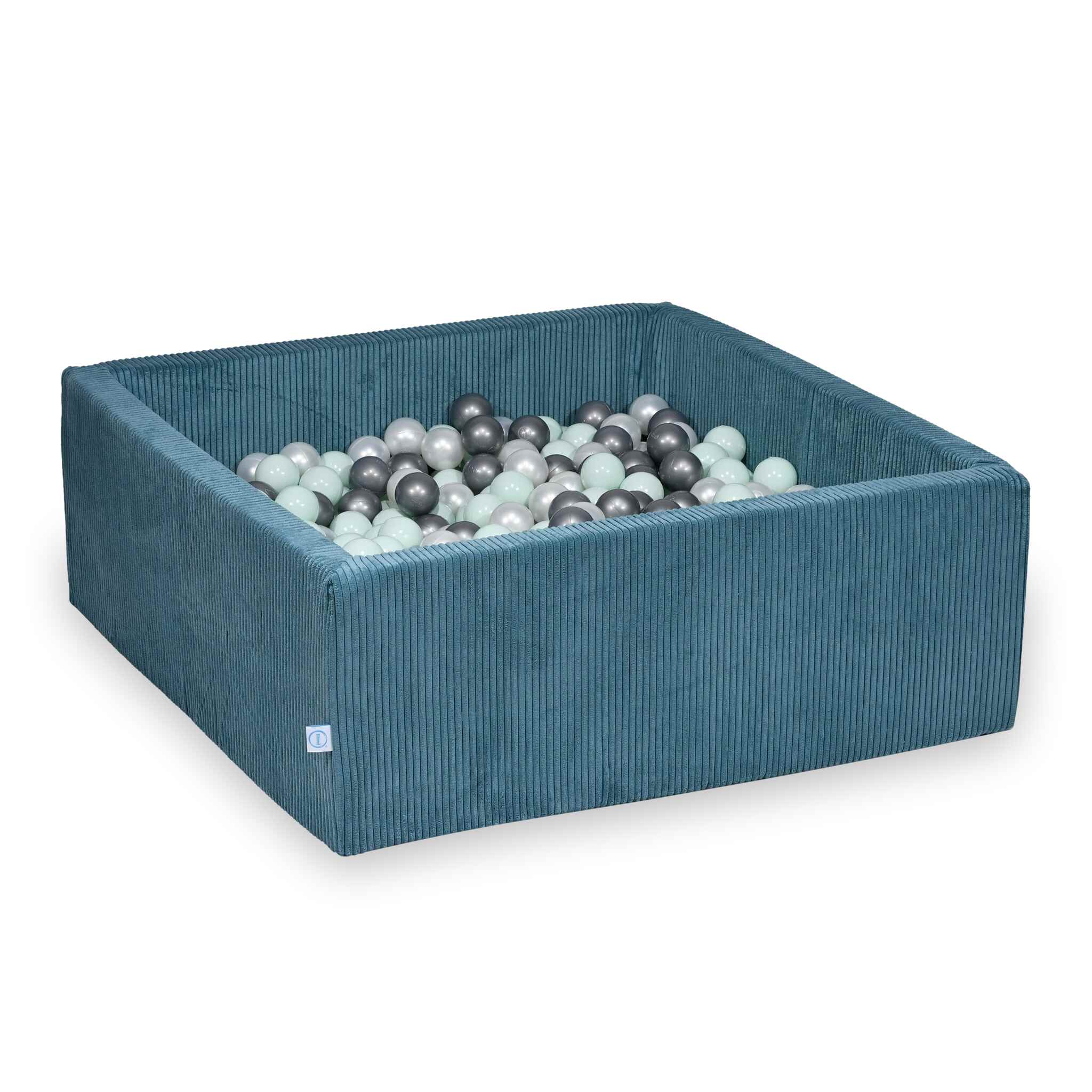 Mimii Bällebad aus Cord in Blau – quadratisch, 110 × 110 × 40 cm, mit 600 Bällen