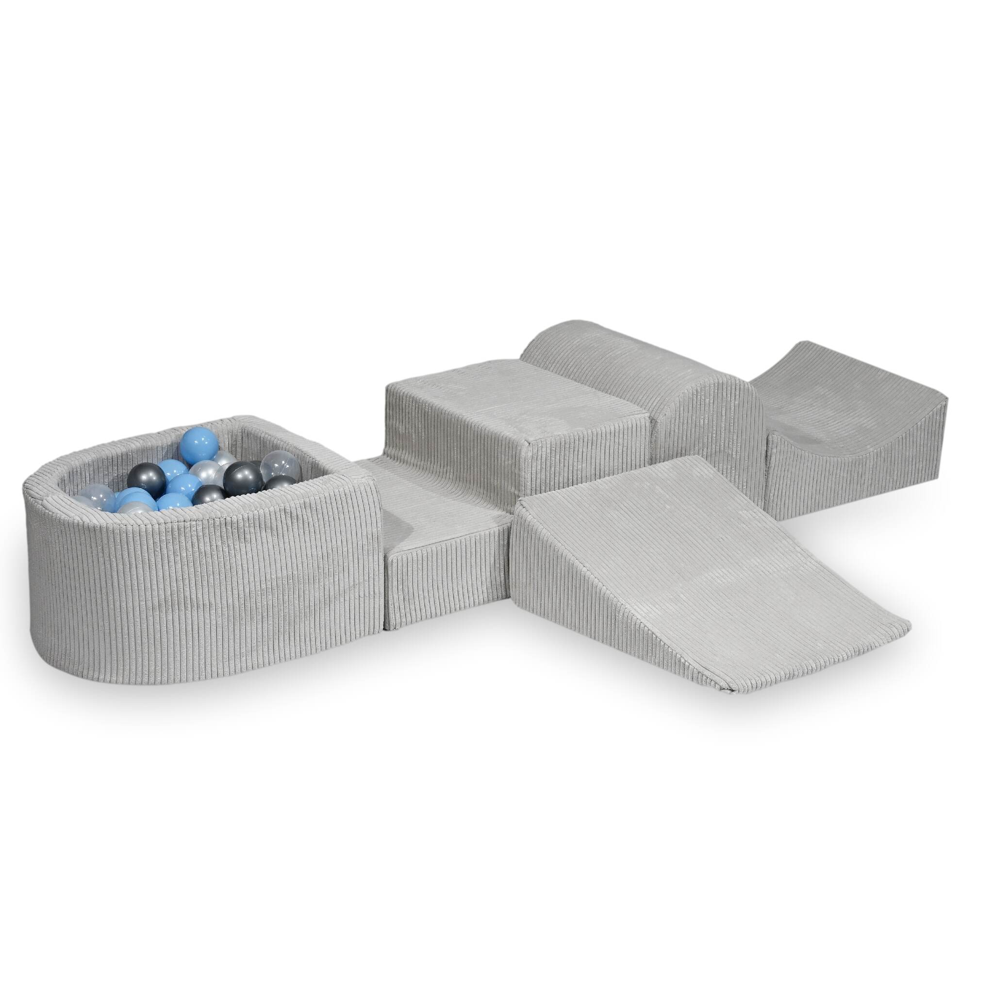 Mimii Schaumstoff-Spielset mit Hügel und Mini-Bällebad aus Cord in Grau – mit 100 Bällen