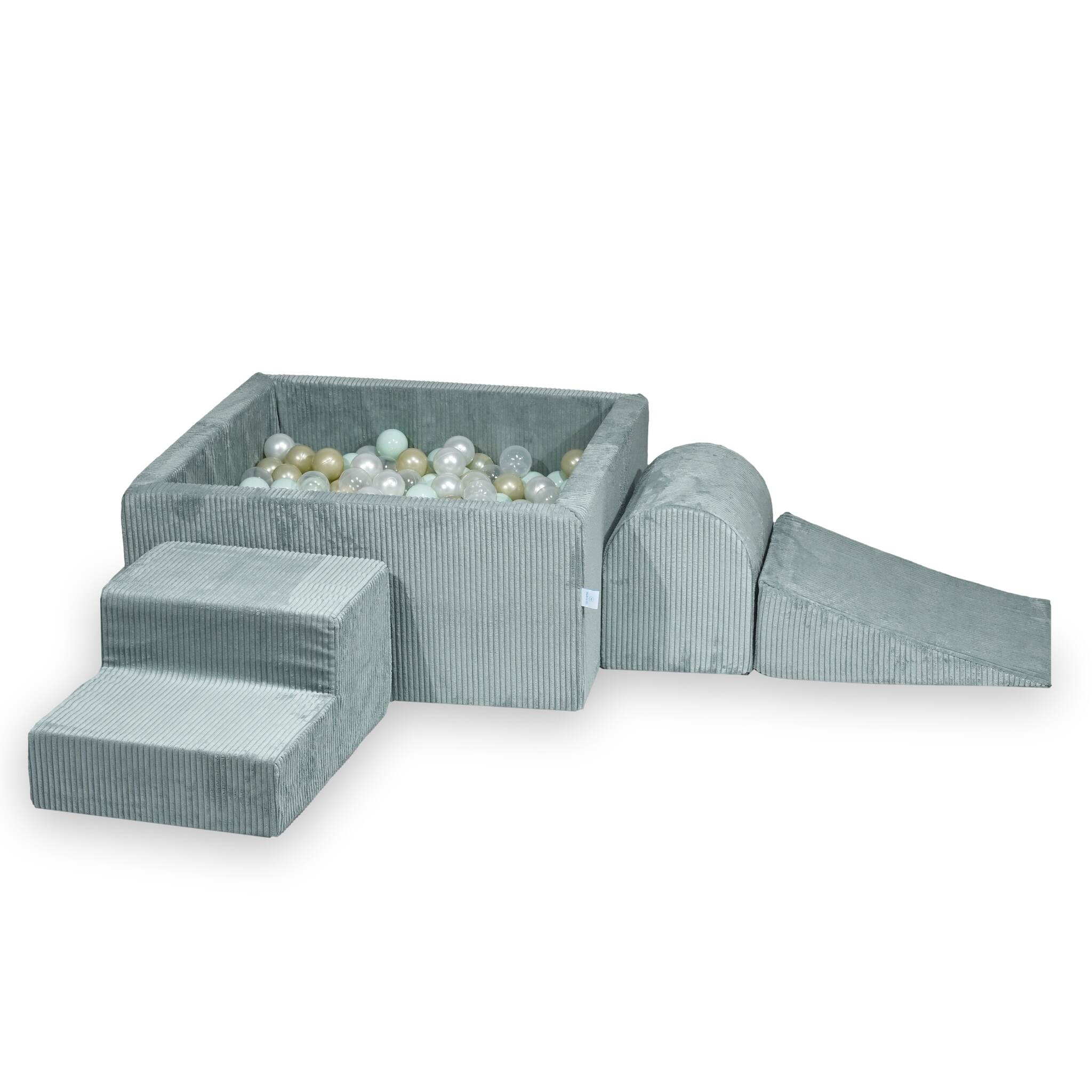 Mimii Schaumstoff-Spielset mit quadratischem Bällebad aus Cord in Hellmint – 90 × 90 × 40 cm, mit 400 Bällen