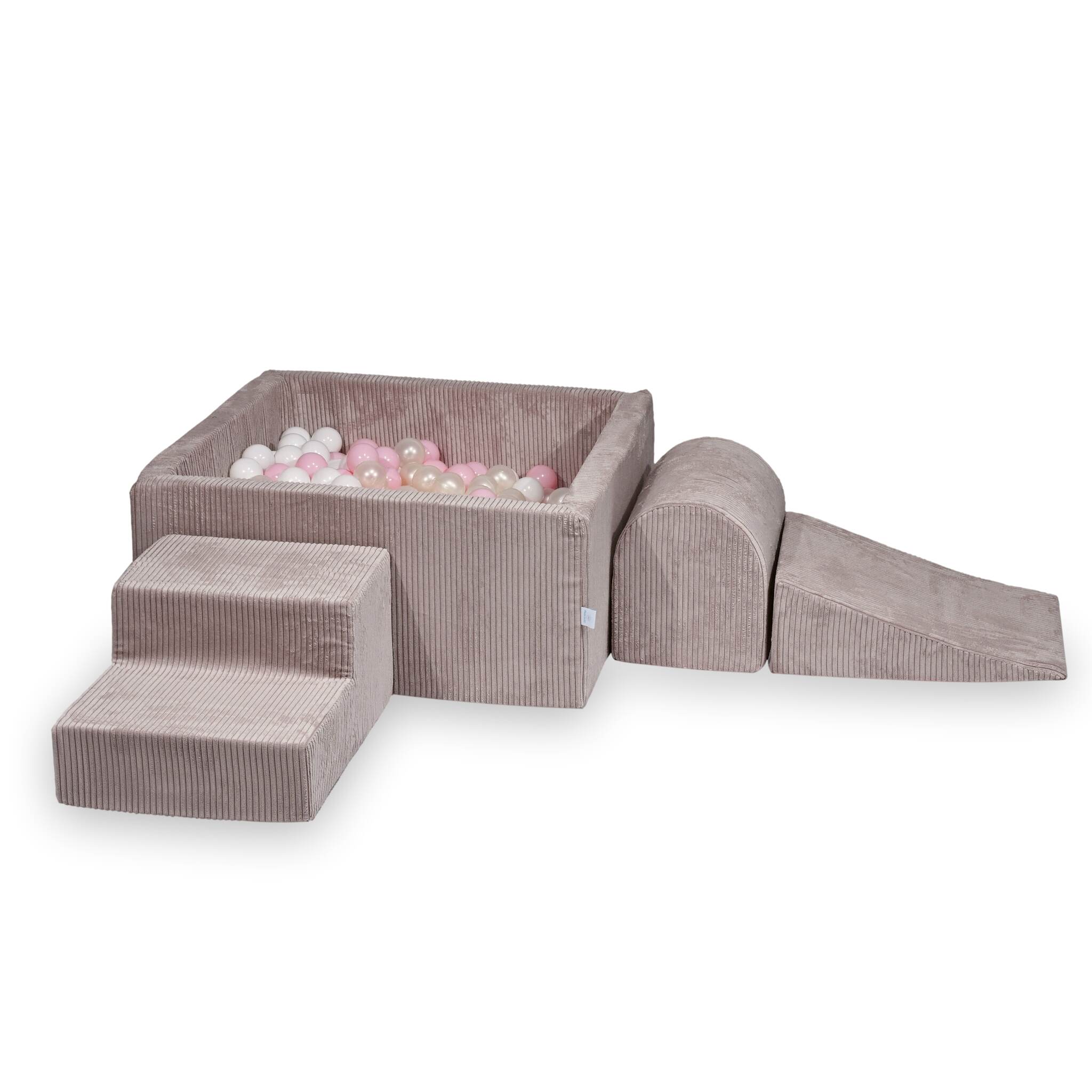 Mimii Schaumstoff-Spielset mit quadratischem Bällebad aus Cord in Hellrosa – 90 × 90 × 40 cm, mit 400 Bällen