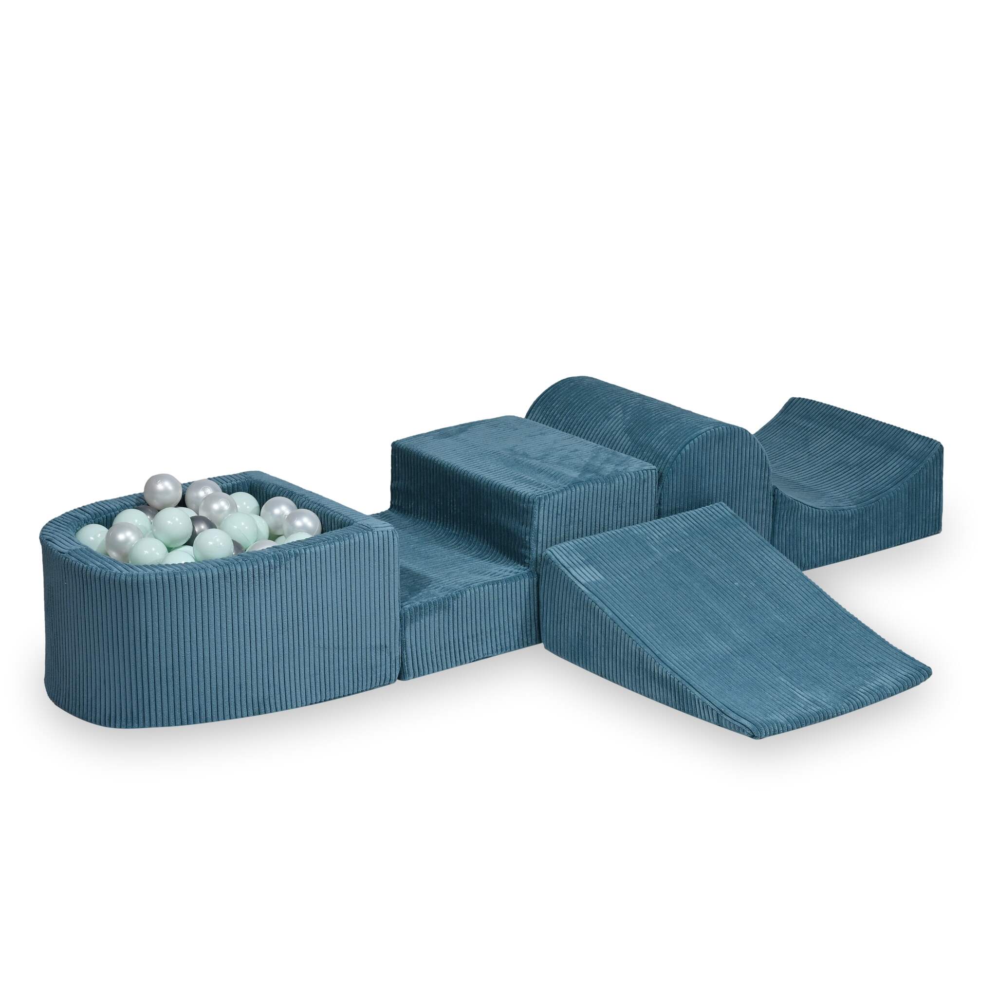 Mimii Schaumstoff-Spielset mit Hügel und Mini-Bällebad aus Cord in Blau – mit 100 Bällen