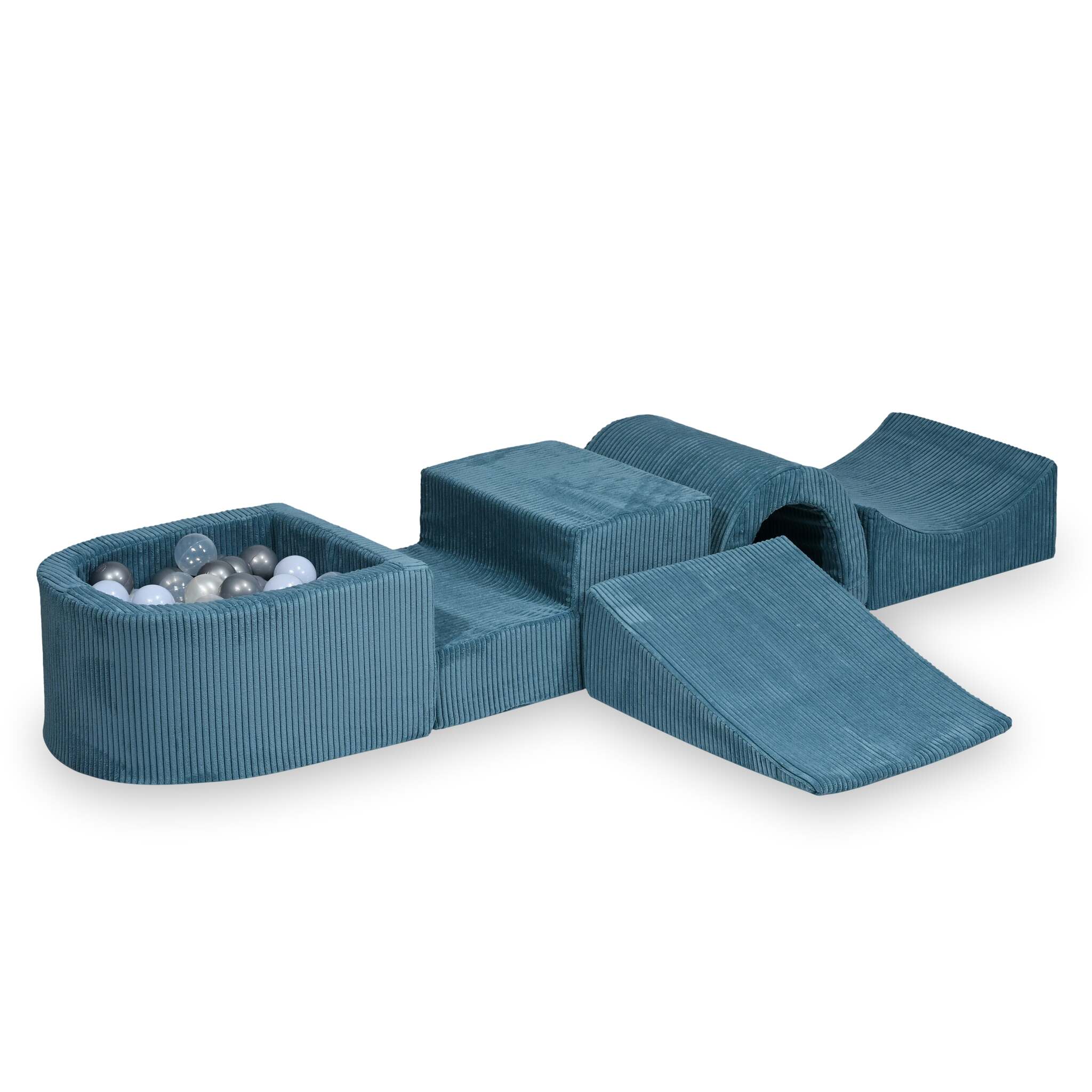 Mimii Schaumstoff-Spielset mit Brücke und Mini-Bällebad aus Cord in Blau – mit 100 Bällen