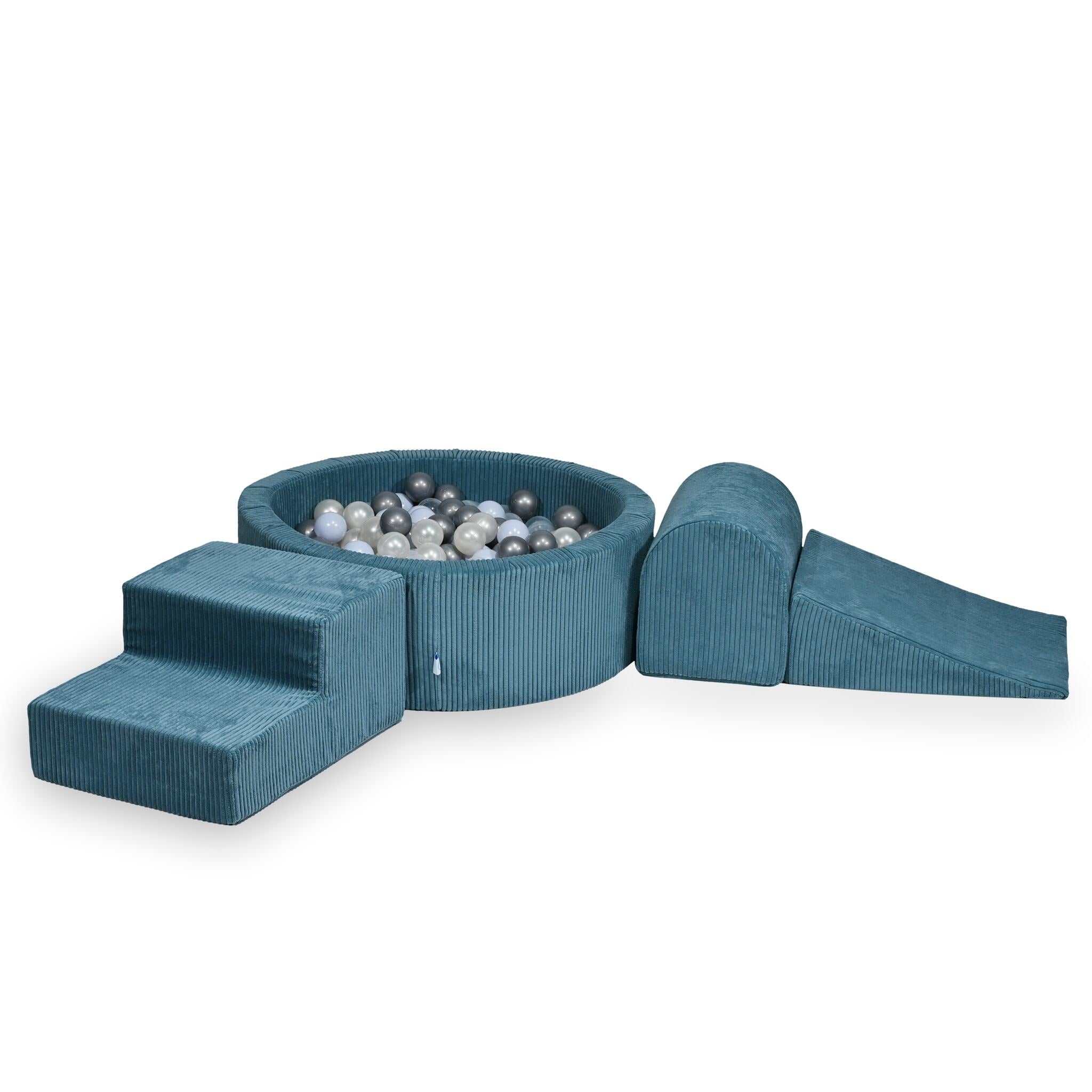 Mimii Schaumstoff-Spielset mit rundem Bällebad 90 × 30 cm aus Cord in Blau – mit 200 Bällen