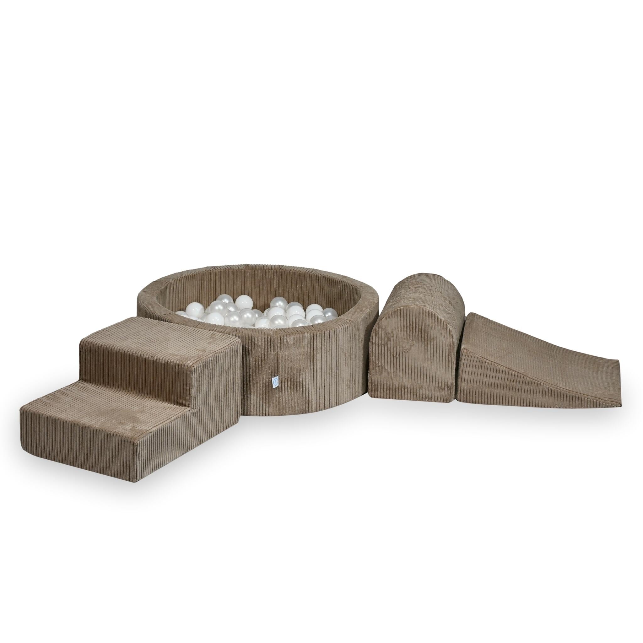 Mimii Schaumstoff-Spielset mit rundem Bällebad 90 × 30 cm aus Cord in Toffee – mit 200 Bällen