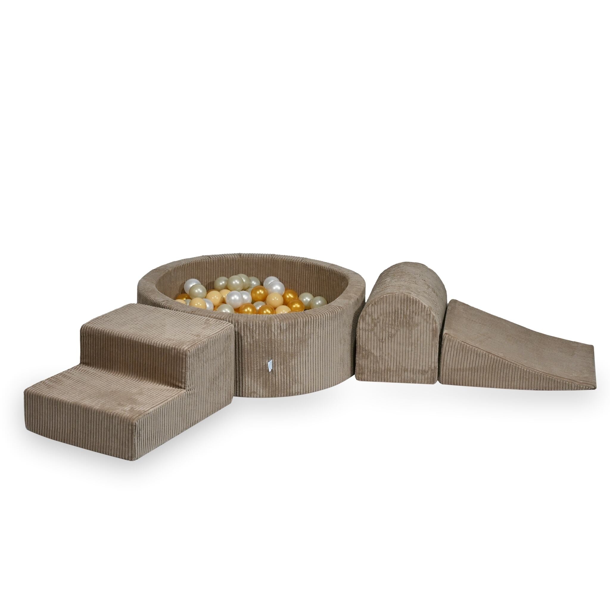 Mimii Schaumstoff-Spielset mit rundem Bällebad 90 × 30 cm aus Cord in Toffee – mit 200 Bällen