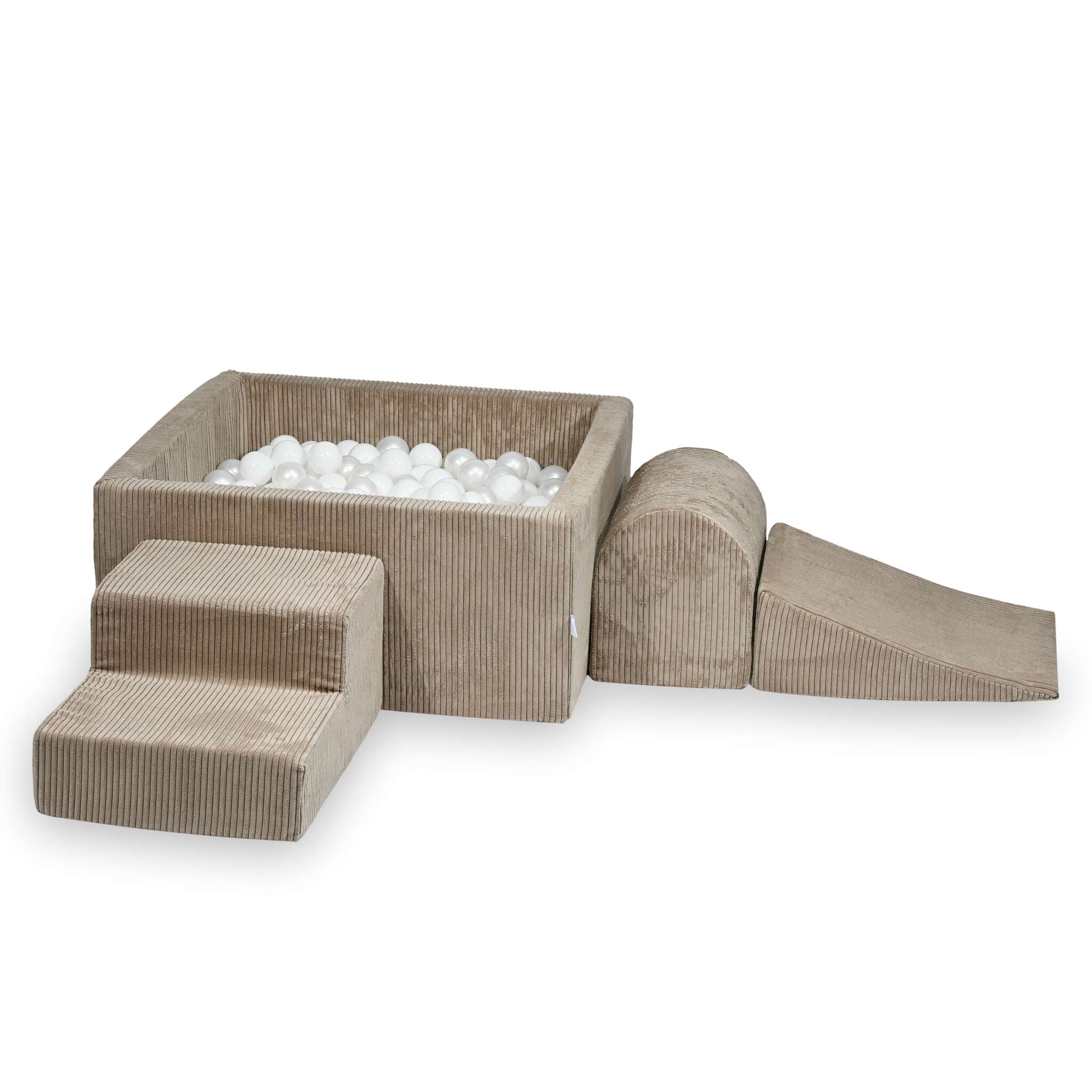Mimii Schaumstoff-Spielset mit quadratischem Bällebad aus Cord in Toffee – 90 × 90 × 40 cm, mit 400 Bällen