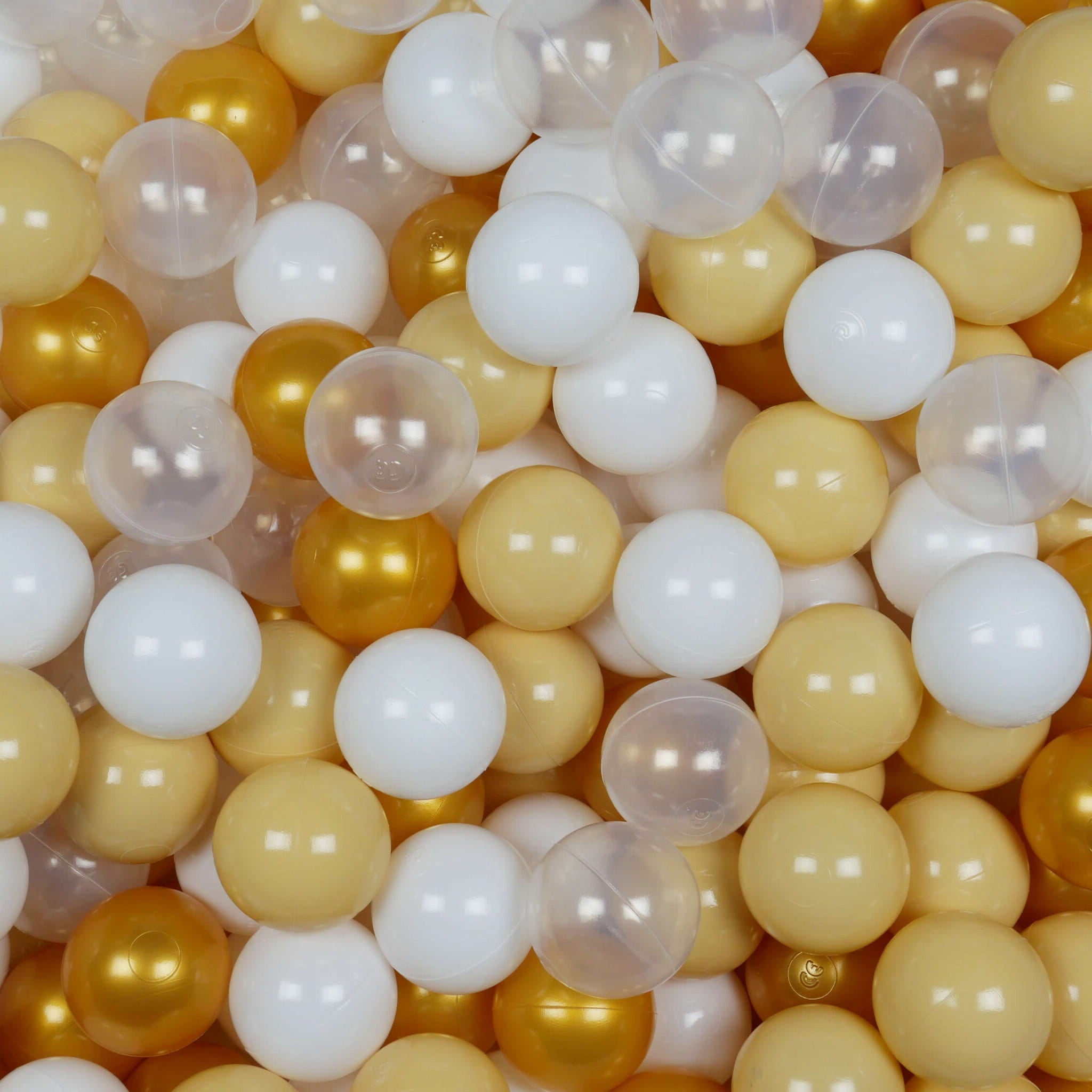 Ball pit balls Ø 7 cm – 200 pcs. – White, Transparent, Gold, Beige