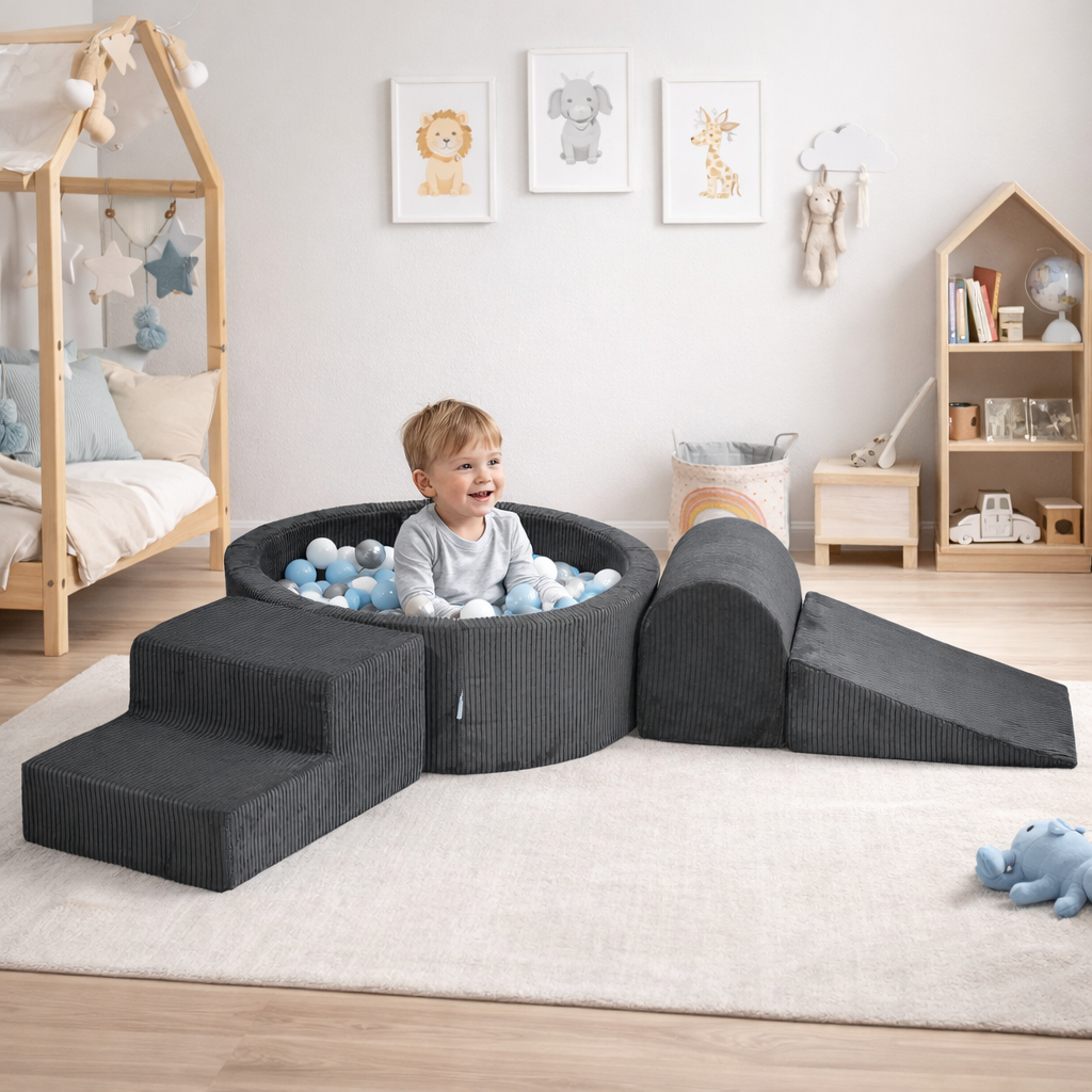 Mimii Schaumstoff-Spielset mit rundem Bällebad 90 × 30 cm aus Cord in Graphit – mit 200 Bällen