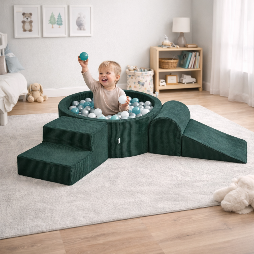 Mimii Schaumstoff-Spielset mit rundem Bällebad 90 × 30 cm aus Cord in Grün – mit 200 Bällen