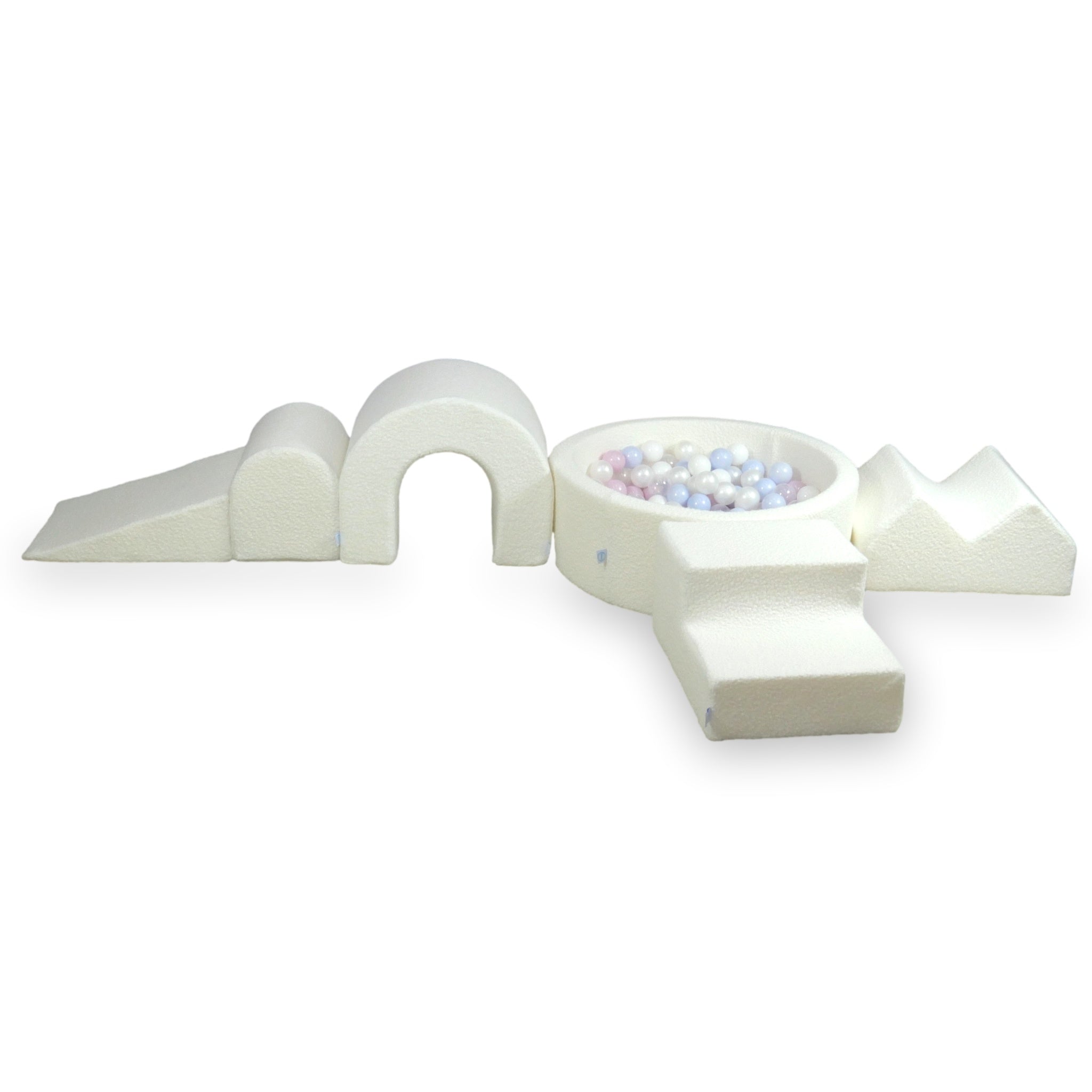 Piankowy plac zabaw z okrągłym basenem 90x30 cm bouclé biała + 5 elementów + 200 piłek