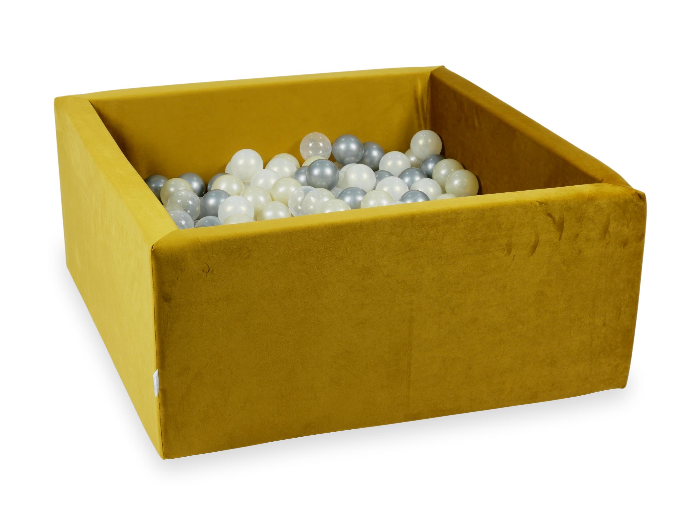 Square ball pit with balls 90 × 90 × 40 cm velvet gold + 400 balls