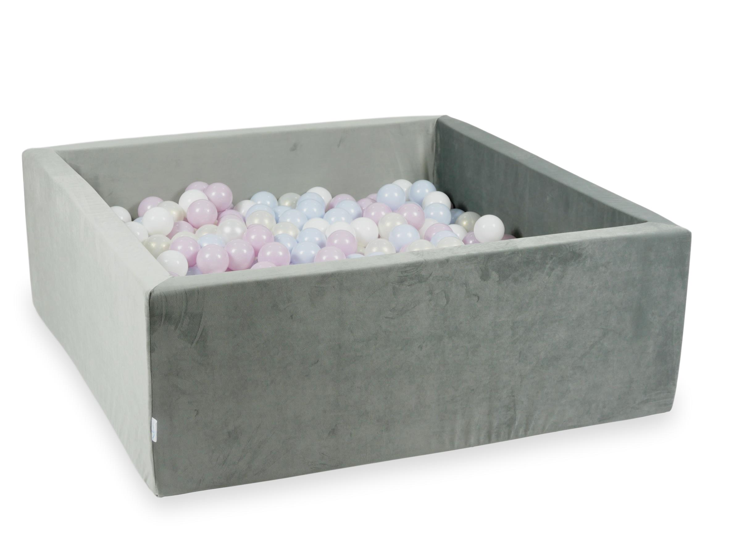 Square ball pit with balls 110 × 110 × 40 cm velvet grey + 600 balls
