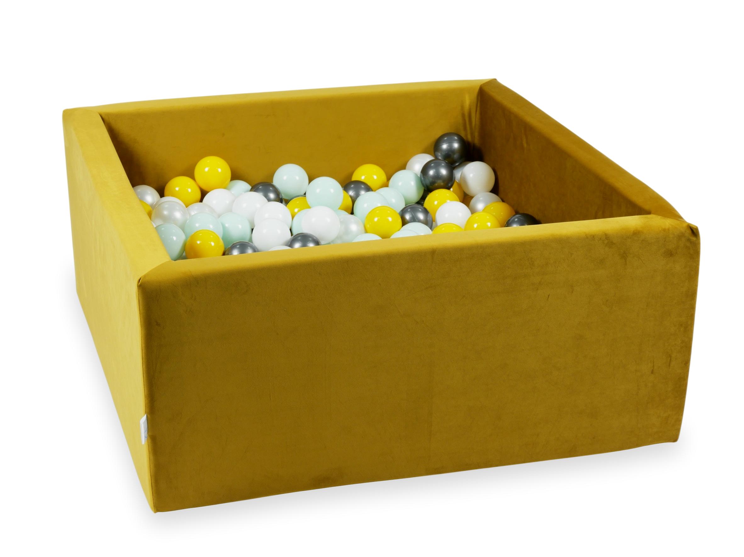 Square ball pit with balls 90 × 90 × 40 cm velvet gold + 400 balls
