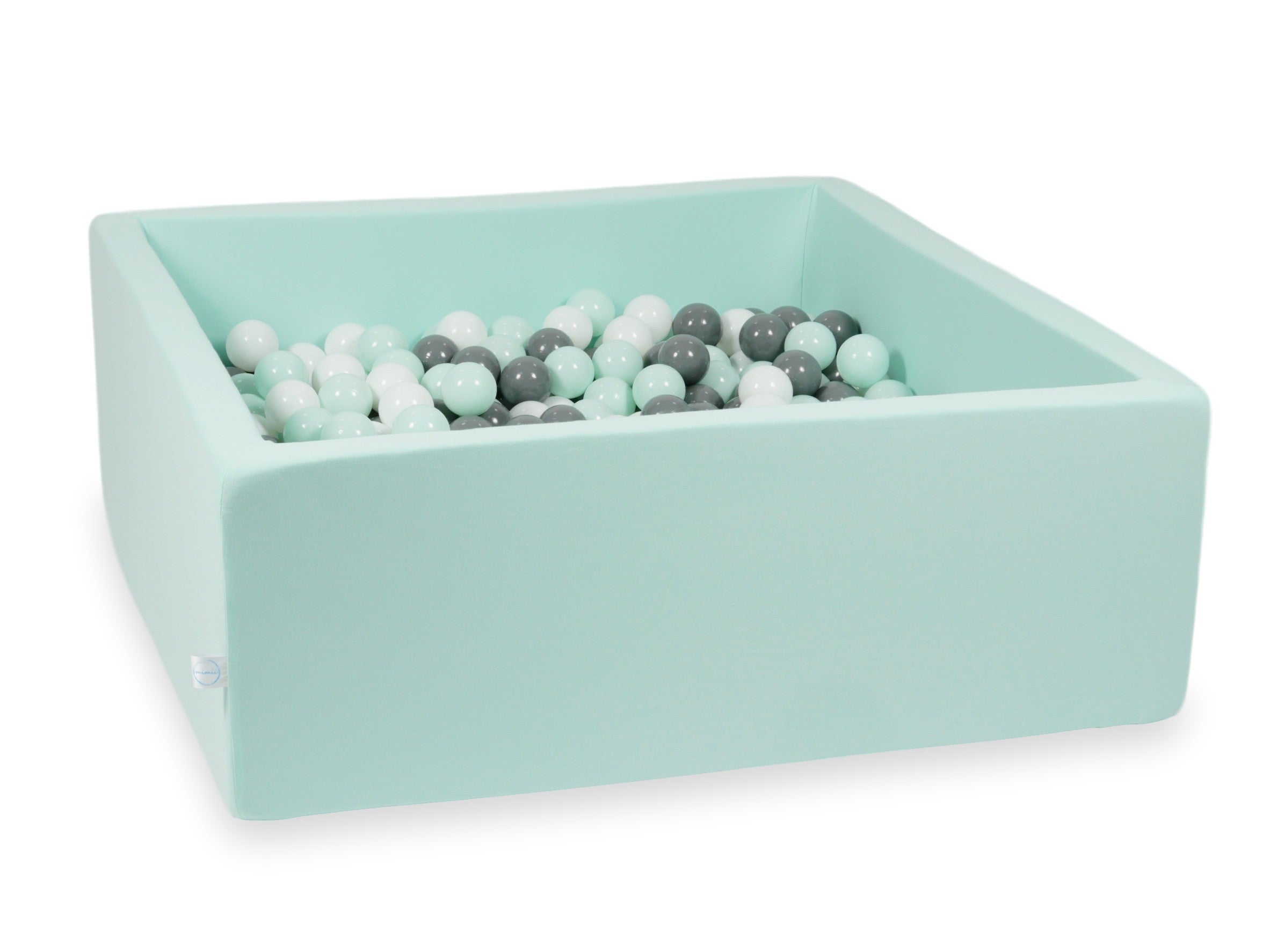 Mimii Bällebad in Mint – quadratisch, 110 × 110 × 40 cm, mit 600 Bällen