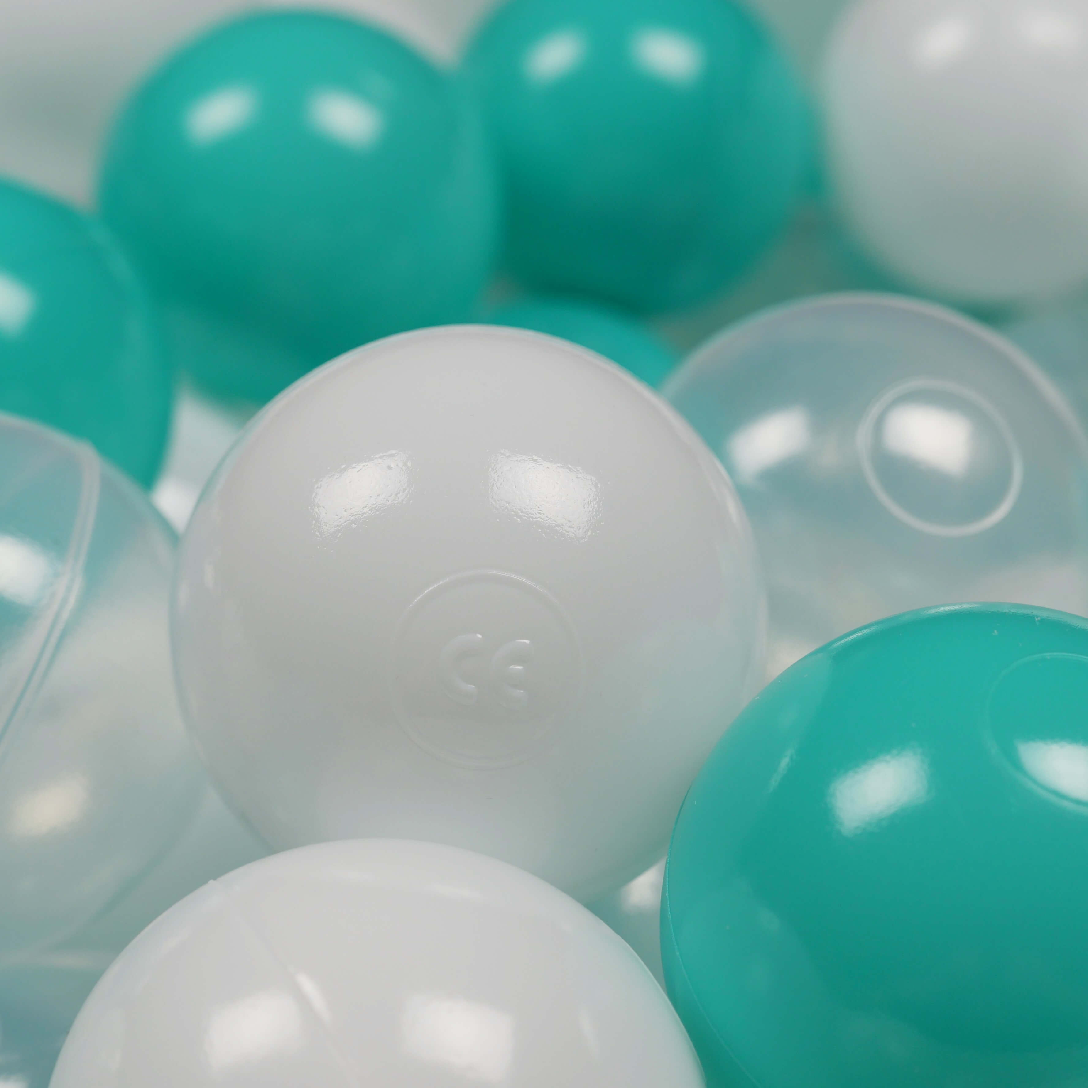 Piłeczki do suchego basenu Ø 7 cm – 50 szt. – białe, przezroczyste, turquoise
