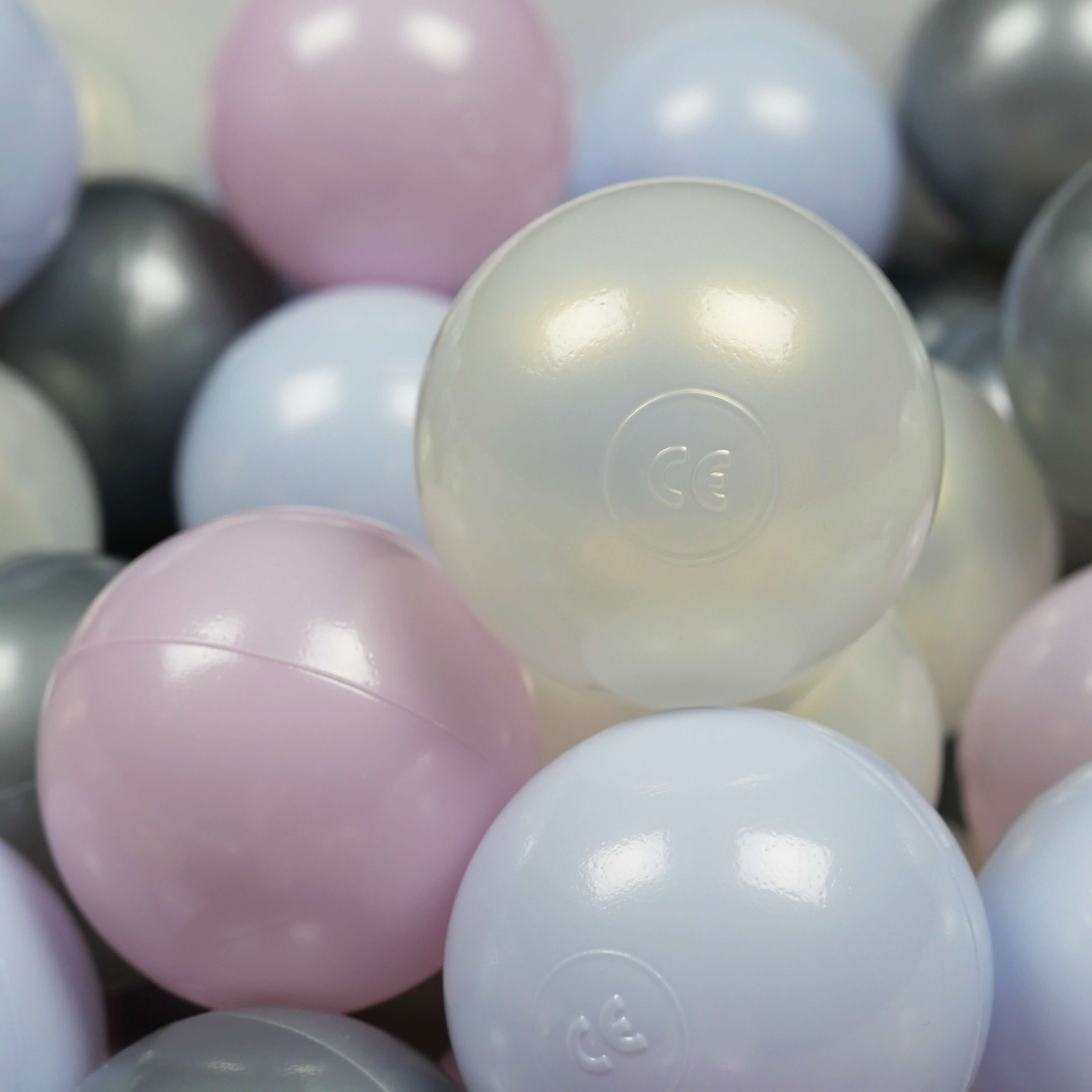 Piłeczki do suchego basenu Ø 7 cm – 400 szt. – różowe perłowe, błękitne perłowe, opalizujące, srebrne